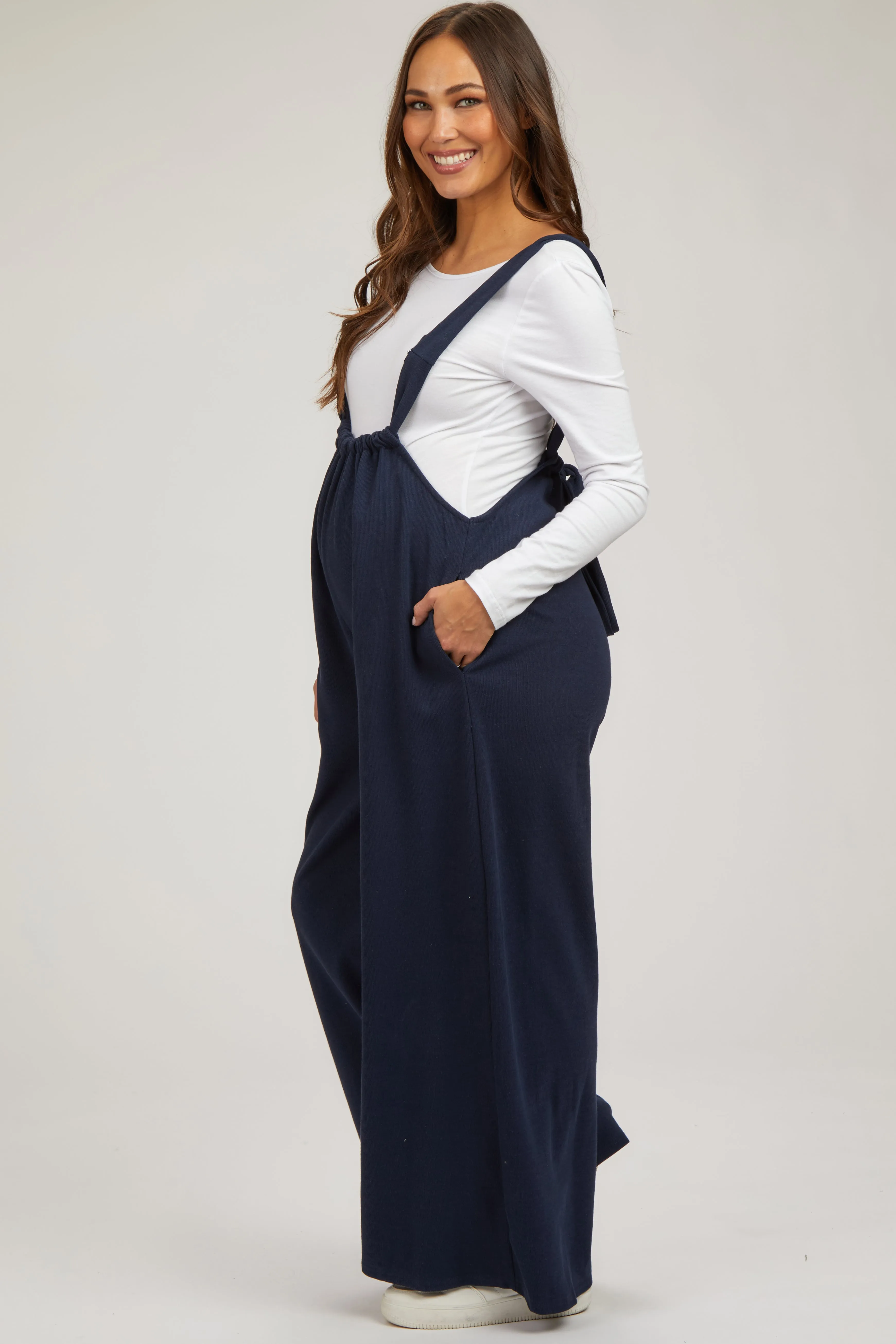Navy Ribbed Drawstring Wide Leg Maternity Jumpsuit sold by Pinkblush product image thumbnail 2