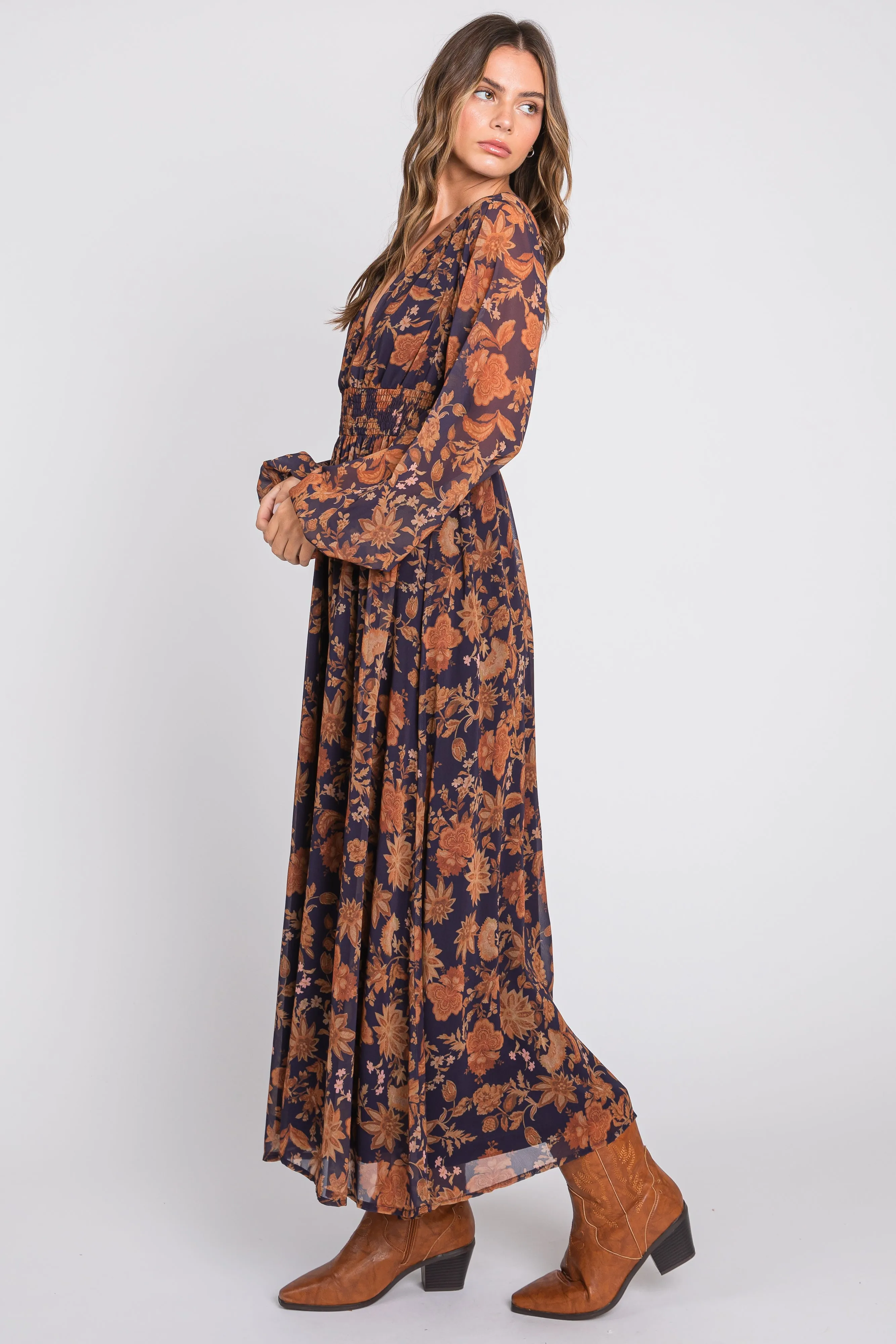 Navy Floral Long Sleeve V-Neck Maxi Dress sold by Pinkblush product image thumbnail 2