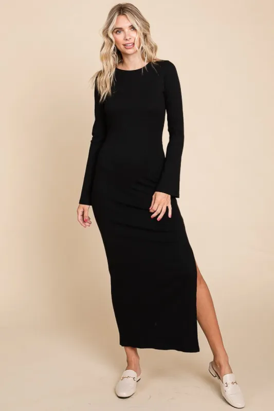 Black Ribbed Side Slit Maxi Dress sold by Pinkblush