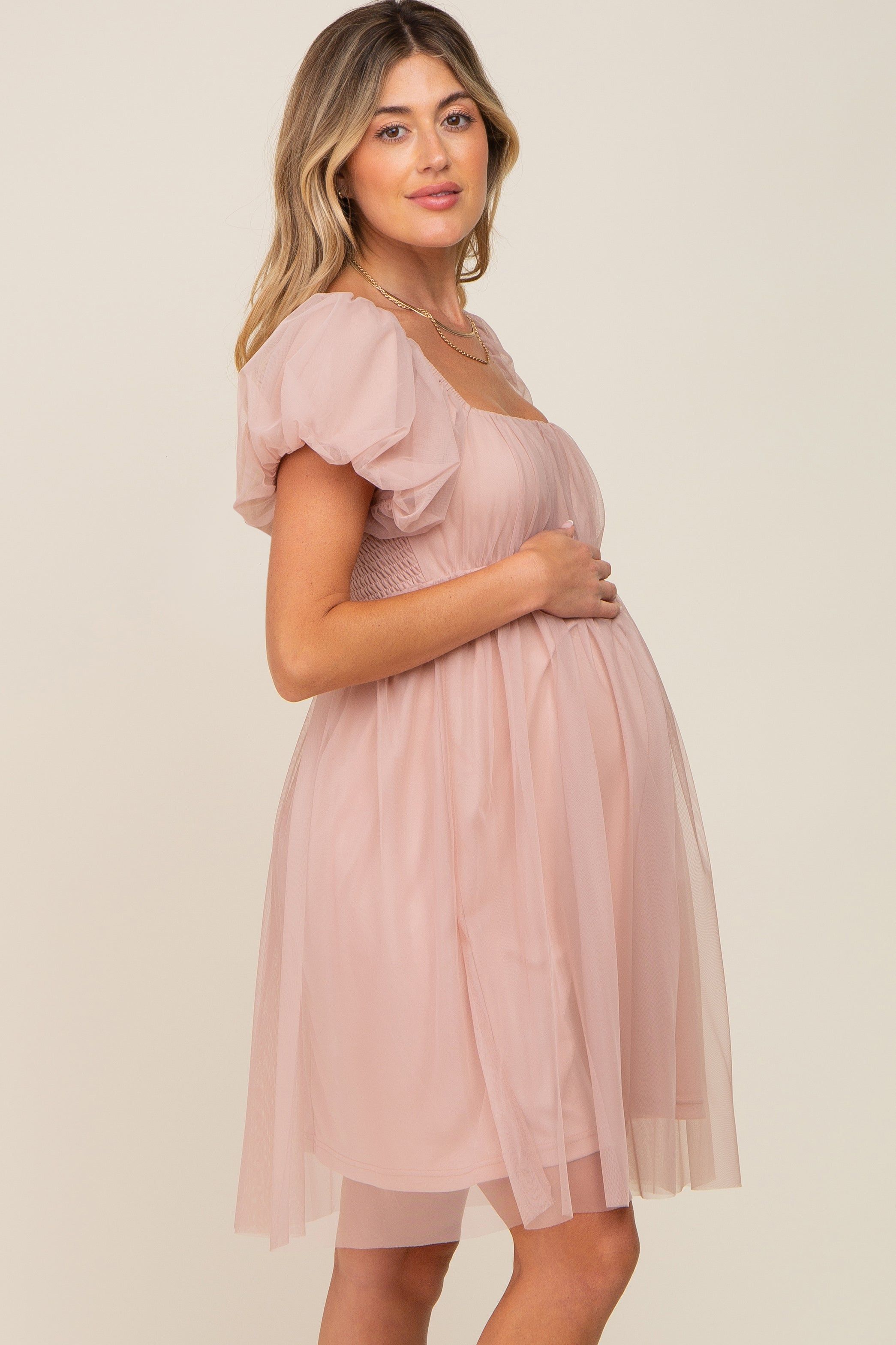 Light Mauve Tulle Puff Sleeve Maternity Dress sold by Pinkblush product image thumbnail 2