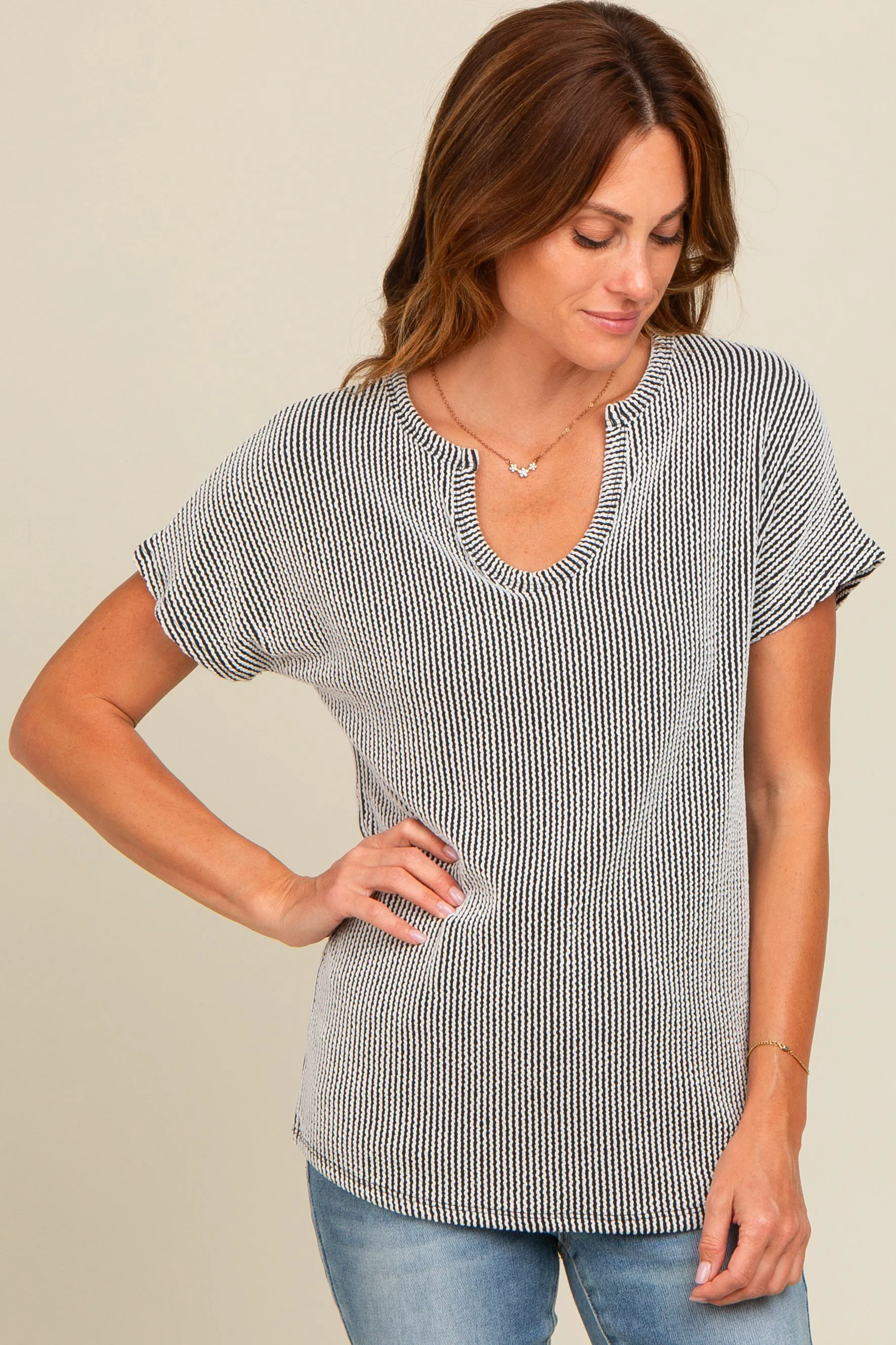 Black Ribbed Split Neckline Short Sleeve Top sold by Pinkblush