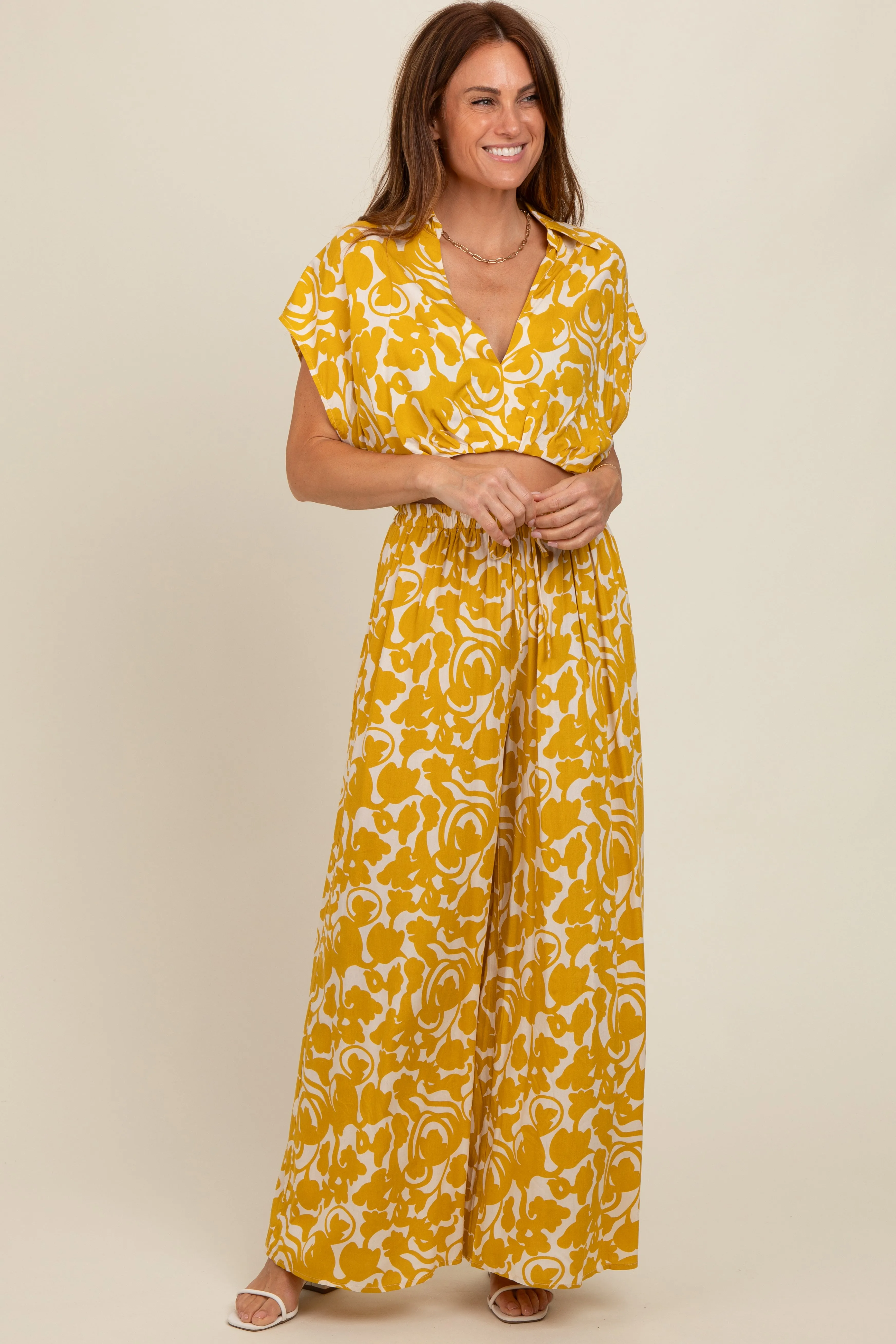 Yellow Printed Crop Shirt and Pants Set sold by Pinkblush