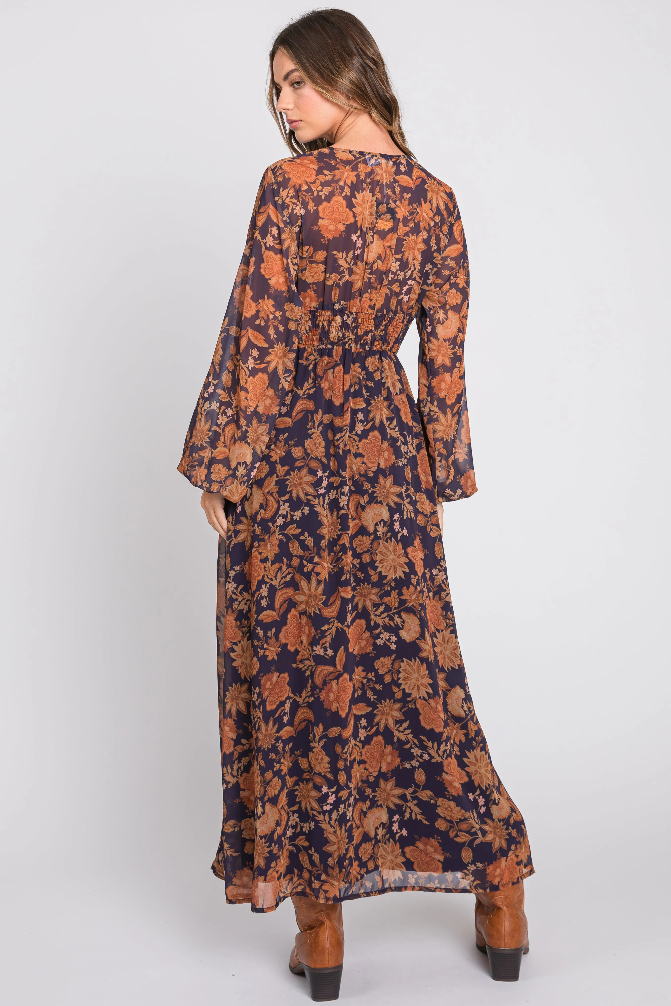 Navy Floral Long Sleeve V-Neck Maxi Dress sold by Pinkblush product image thumbnail 3