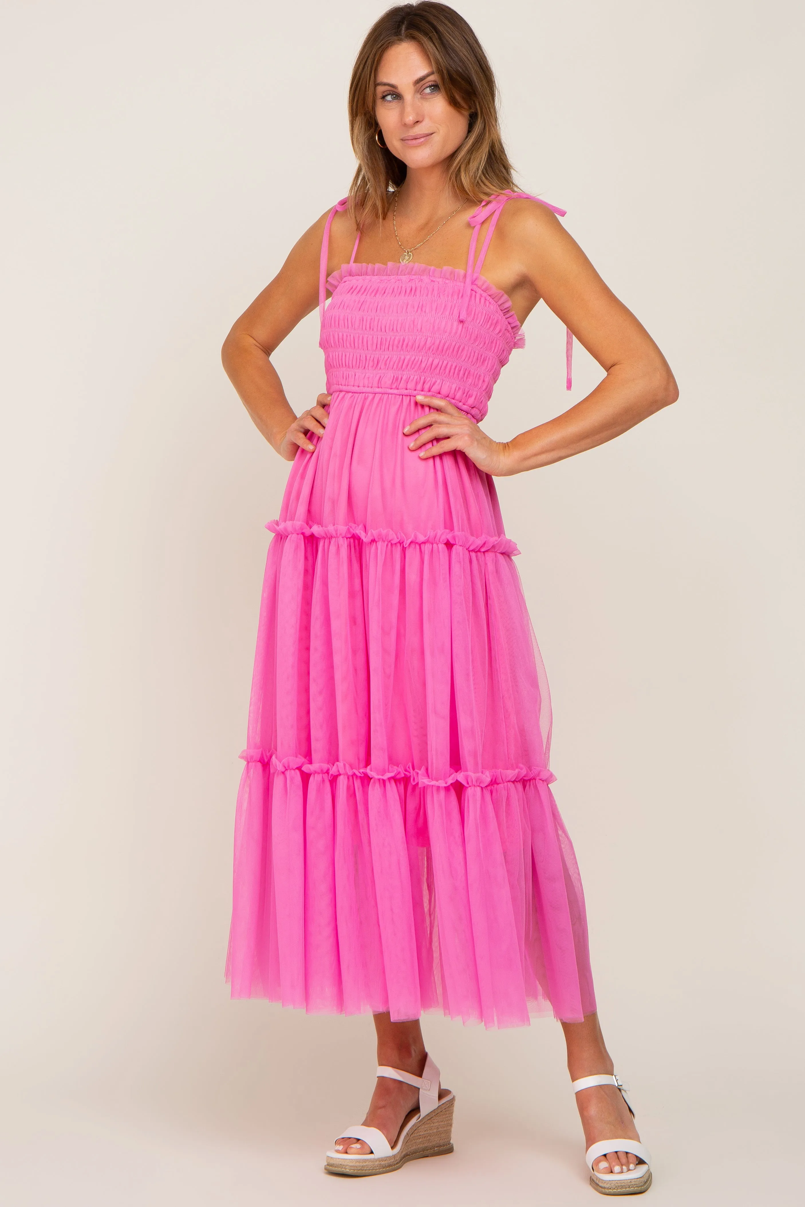 Pink Smocked Mesh Midi Dress sold by Pinkblush product image thumbnail 4