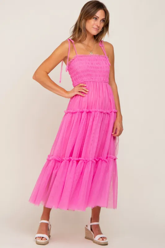 Pink Smocked Mesh Midi Dress sold by Pinkblush