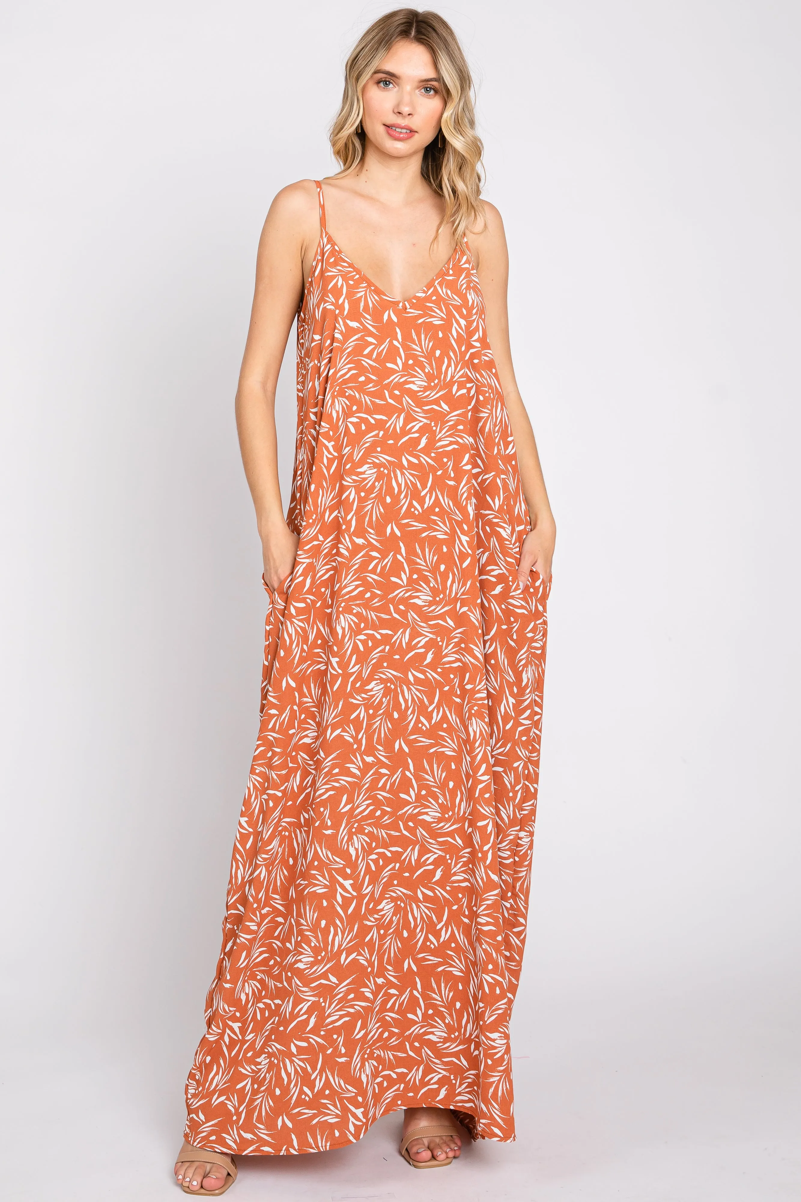 Rust Leaf Print Double V-Neck Maxi Dress sold by Pinkblush