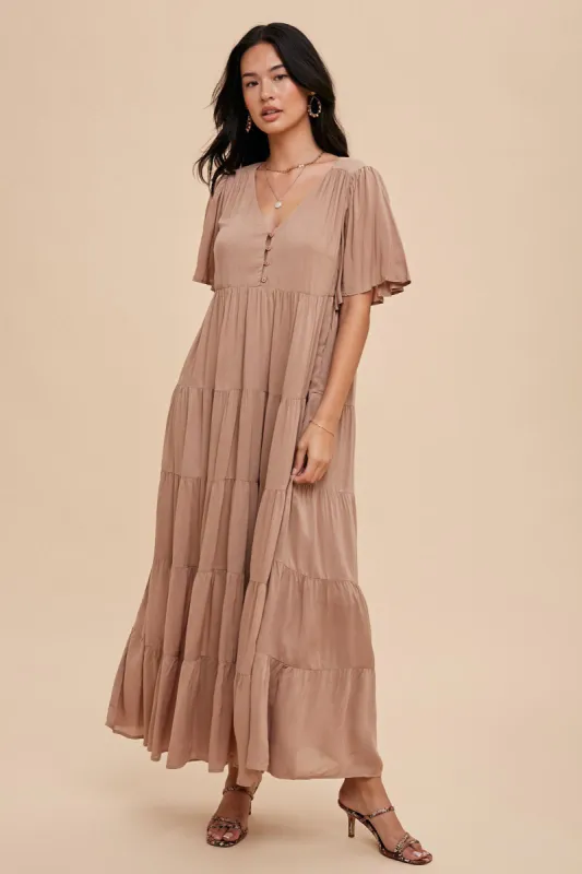 Mocha Button Detail Tiered Maxi Dress sold by Pinkblush