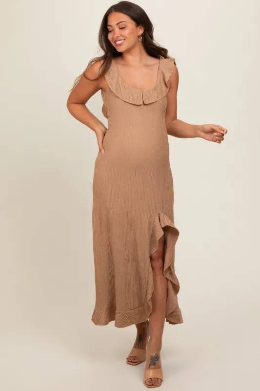 Mocha Textured Sleeveless Ruffle Slit Maternity Maxi Dress sold by Pinkblush