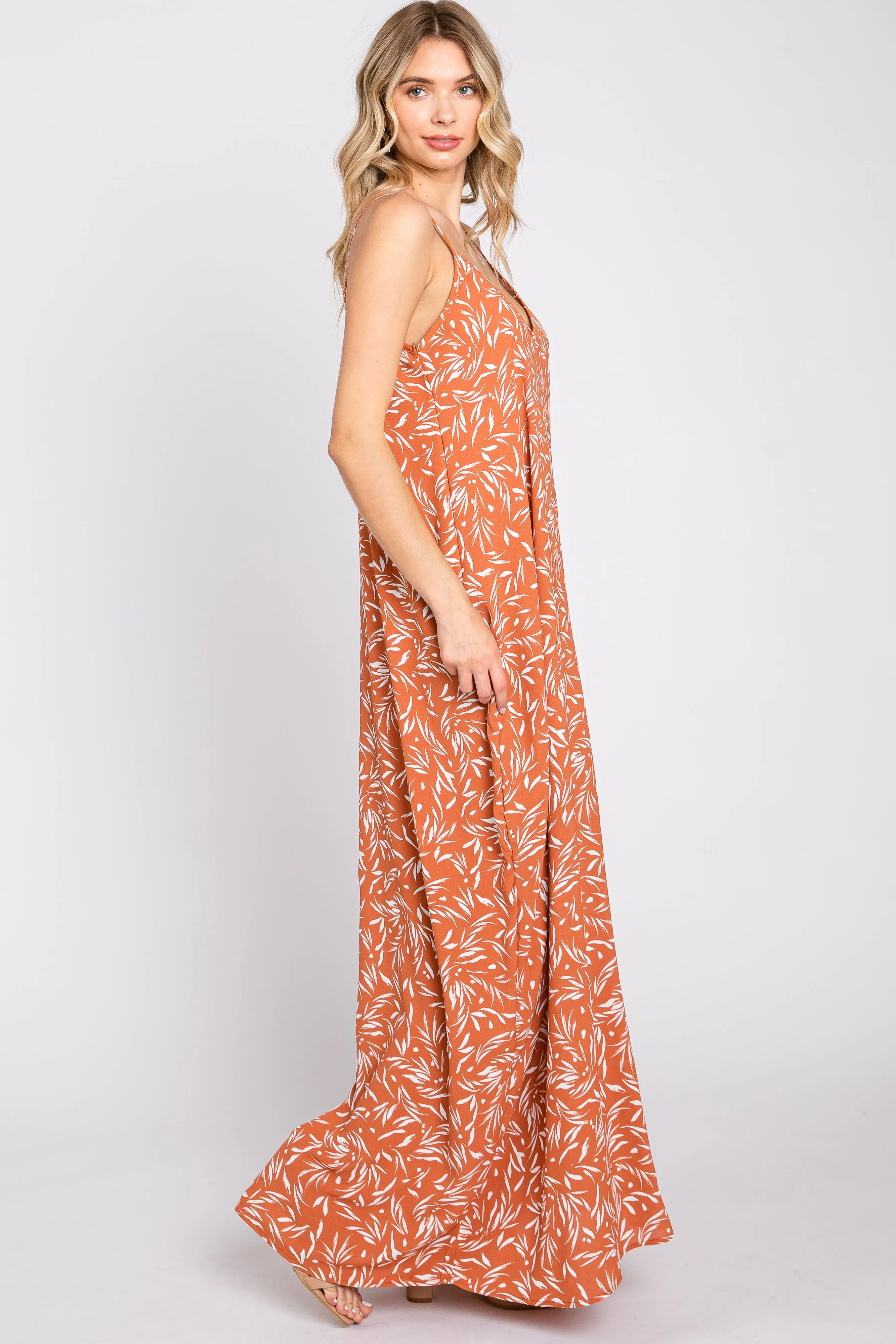 Rust Leaf Print Double V-Neck Maxi Dress sold by Pinkblush product image thumbnail 2