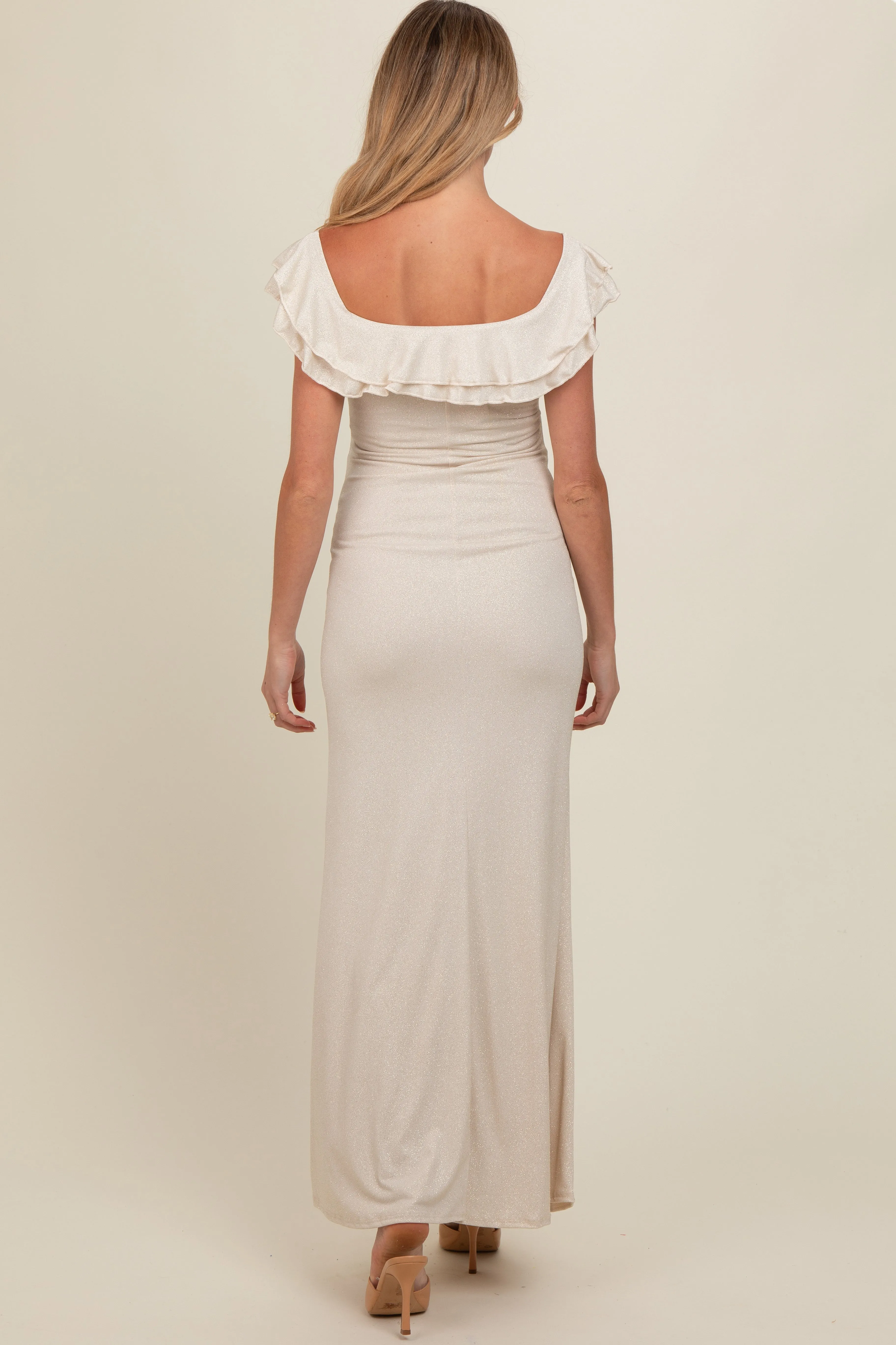Beige Glitter Sweetheart Neck Ruffle Off Shoulder Maternity Maxi Dress sold by Pinkblush product image thumbnail 4