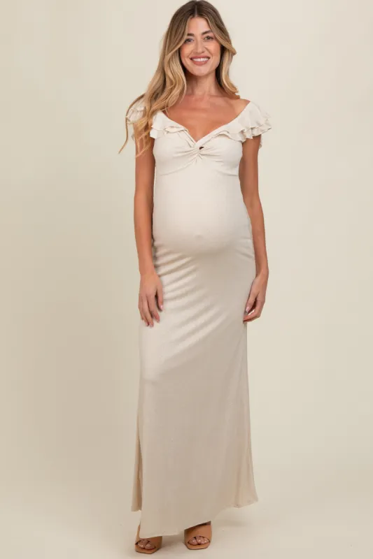 Beige Glitter Sweetheart Neck Ruffle Off Shoulder Maternity Maxi Dress sold by Pinkblush