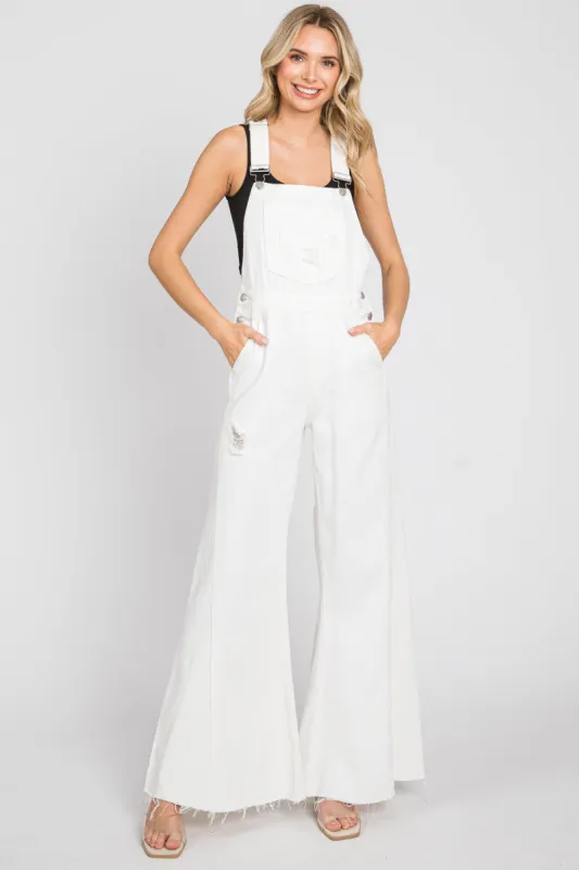 Ivory Denim Distressed Wide Leg Overalls sold by Pinkblush