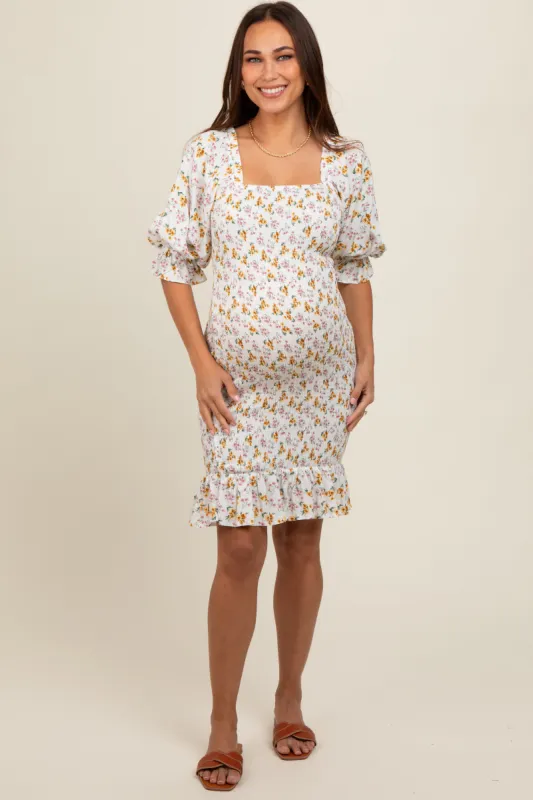 Cream Floral Square Neck Smocked Bodycon Maternity Dress sold by Pinkblush