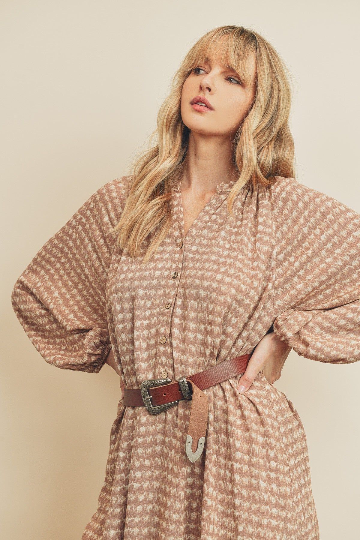 Mauve Button Down 3/4 Sleeve Midi Dress sold by Pinkblush product image thumbnail 4