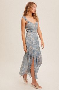 Dusty Blue Ruffle Strap Open Back Midi Dress With Front Slit sold by Pinkblush