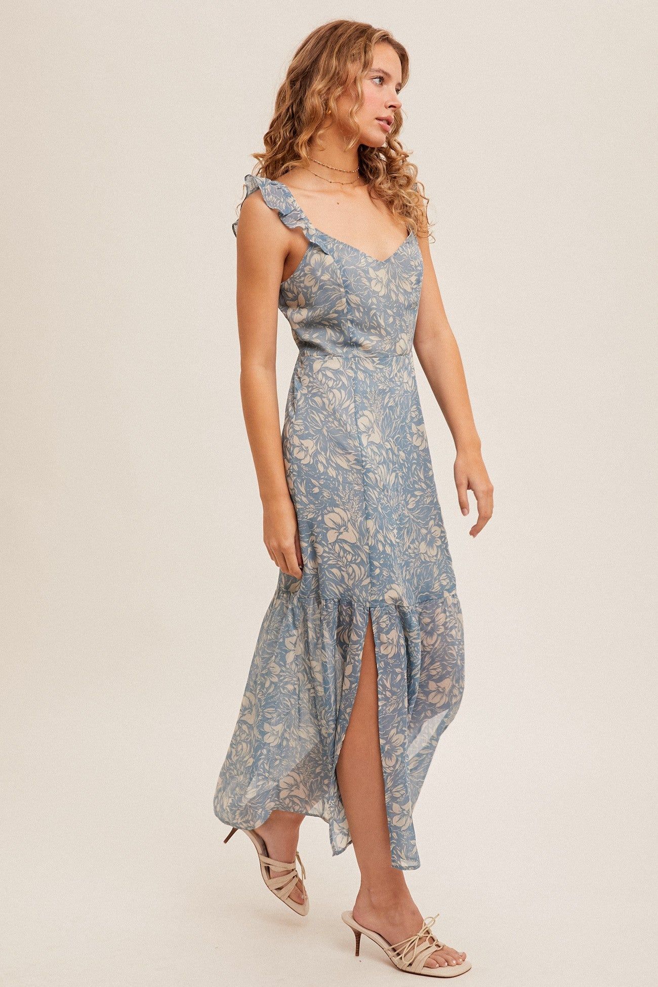 Dusty Blue Ruffle Strap Open Back Midi Dress With Front Slit sold by Pinkblush product image thumbnail 3