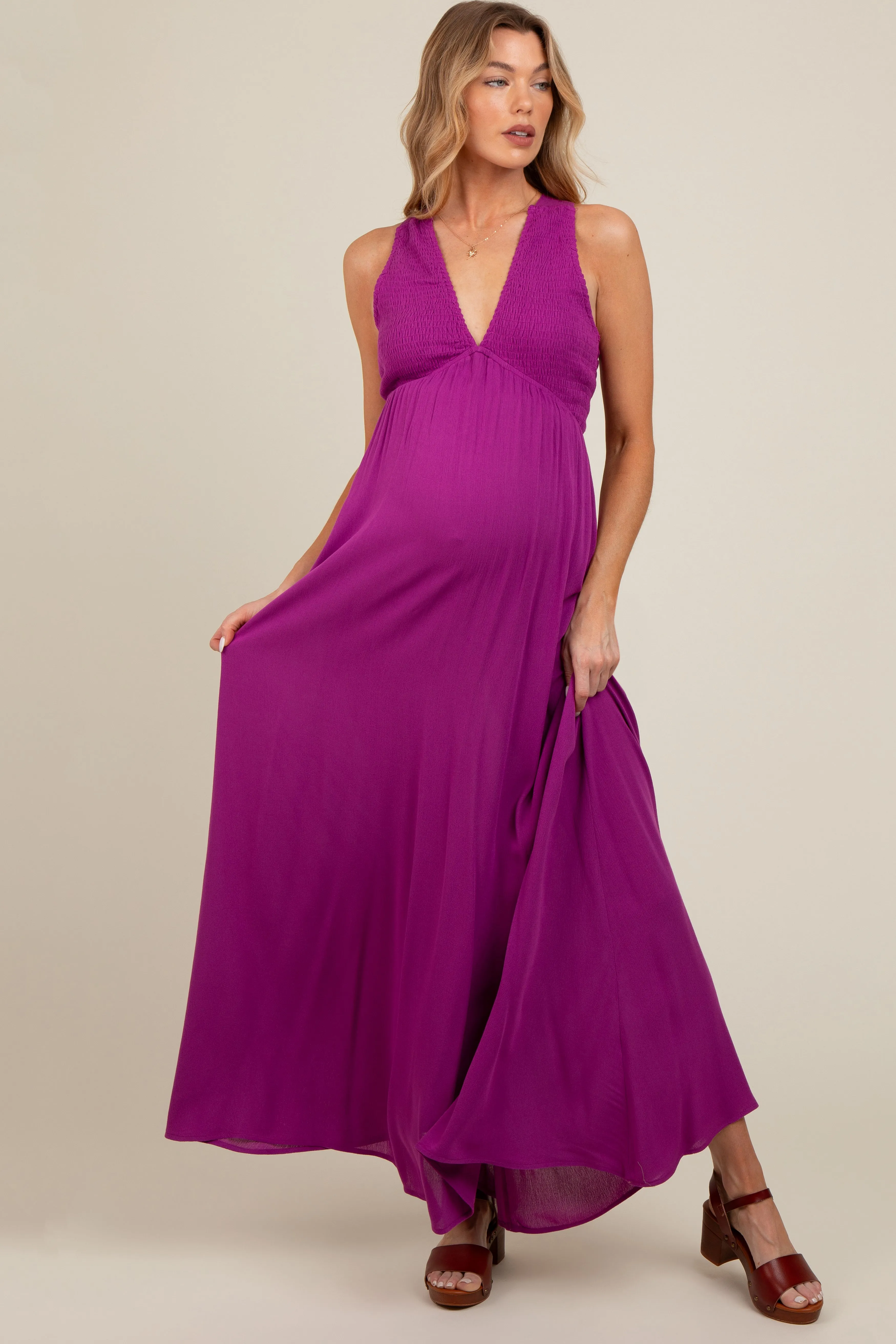 Violet Deep V-Neck Cross Back Maternity Maxi Dress sold by Pinkblush
