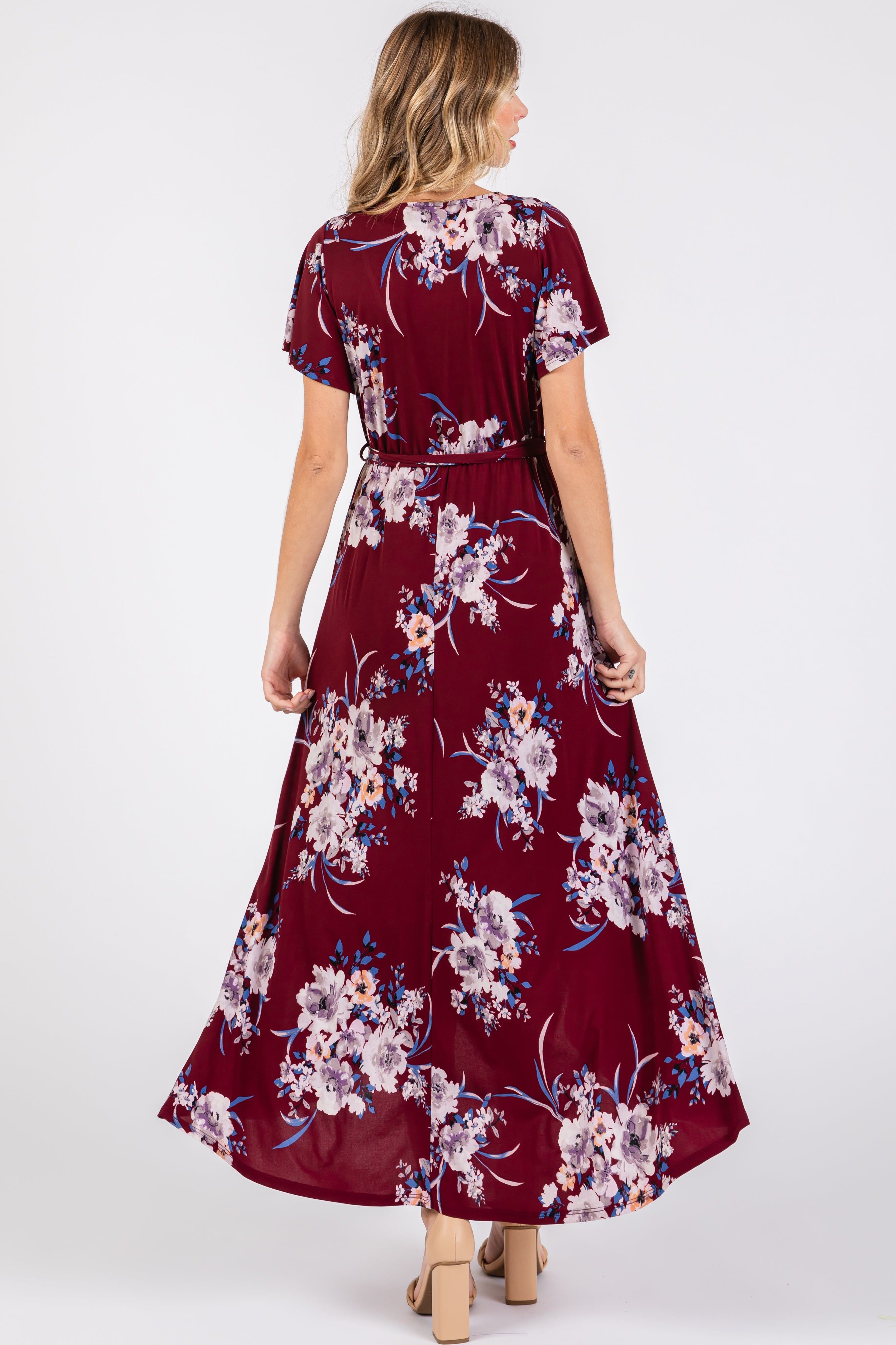 Burgundy Floral Print Wrap Front V-Neck Hi-Low Midi Dress sold by Pinkblush product image thumbnail 3