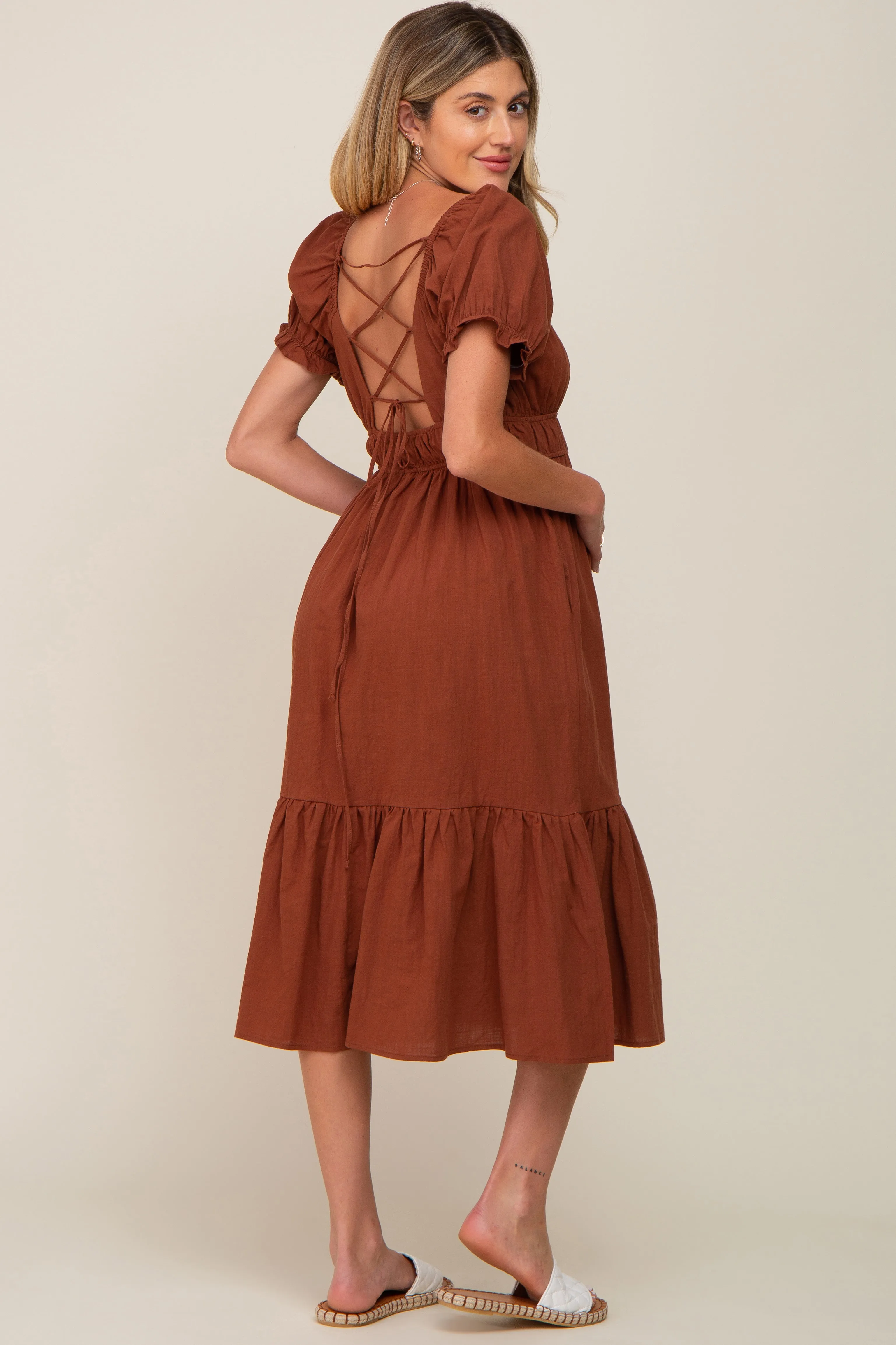 Camel Puff Sleeve Ruffle Hem Maternity Midi Dress sold by Pinkblush product image thumbnail 2