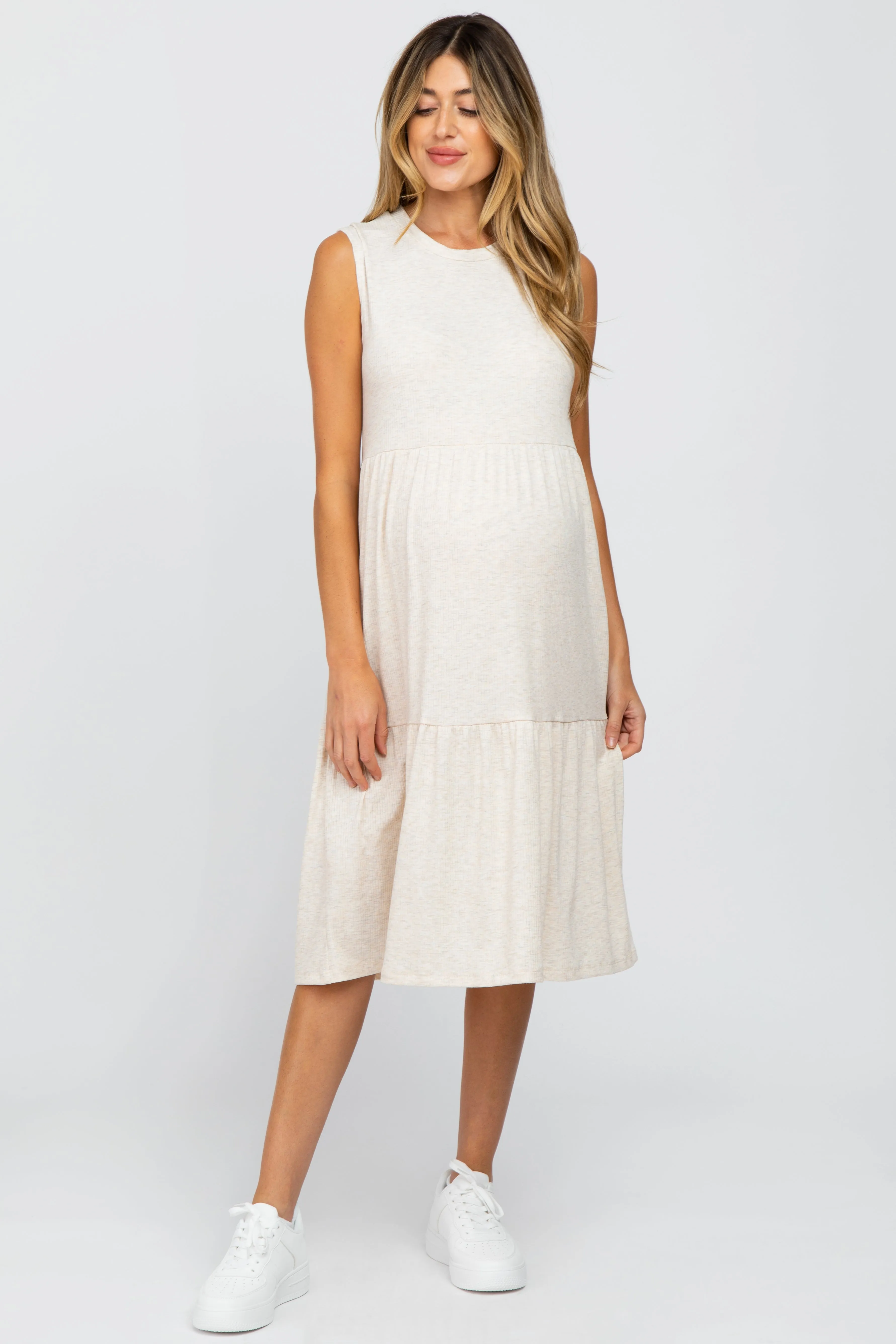 Beige Ribbed Sleeveless Maternity Midi Dress sold by Pinkblush