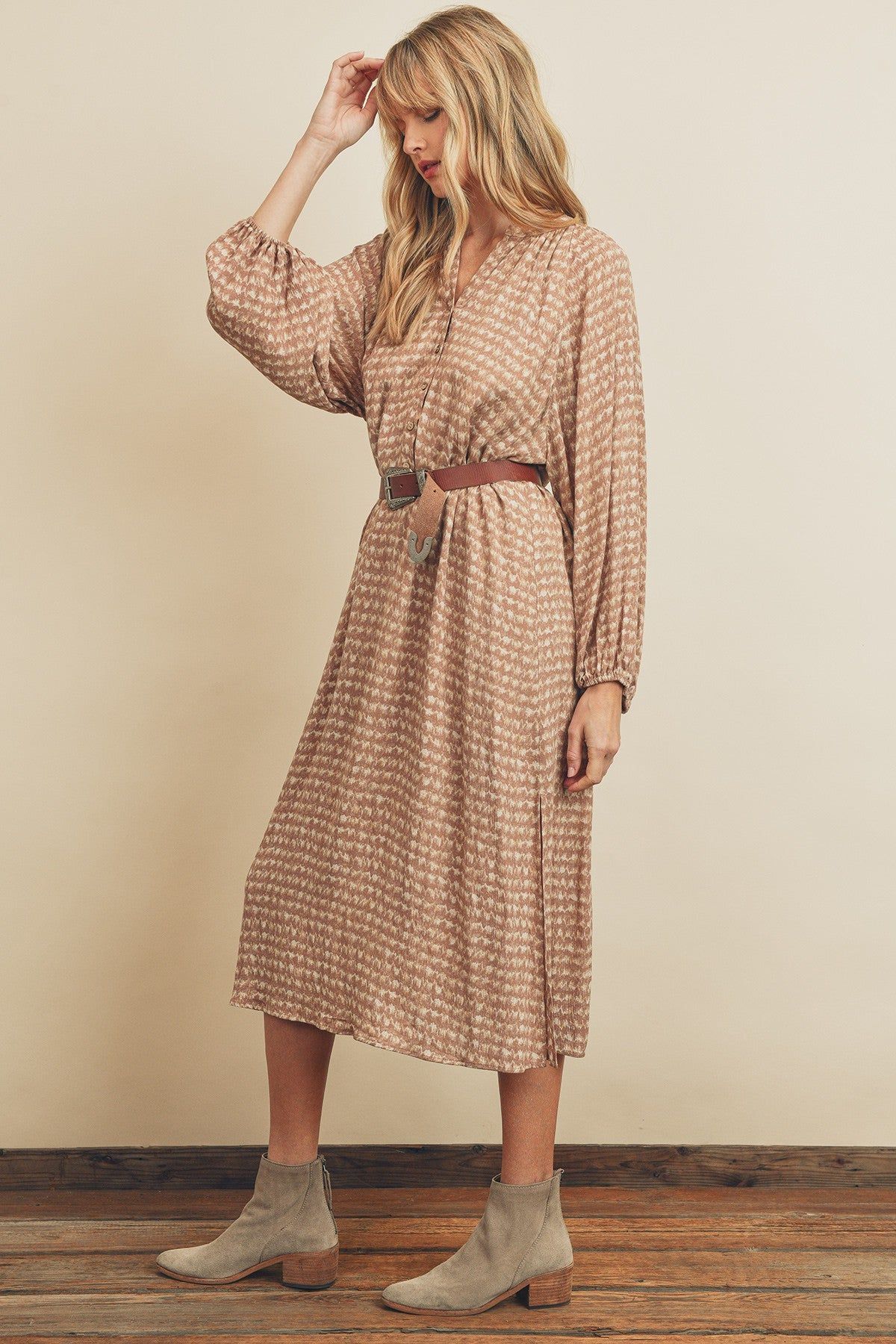 Mauve Button Down 3/4 Sleeve Midi Dress sold by Pinkblush product image thumbnail 2
