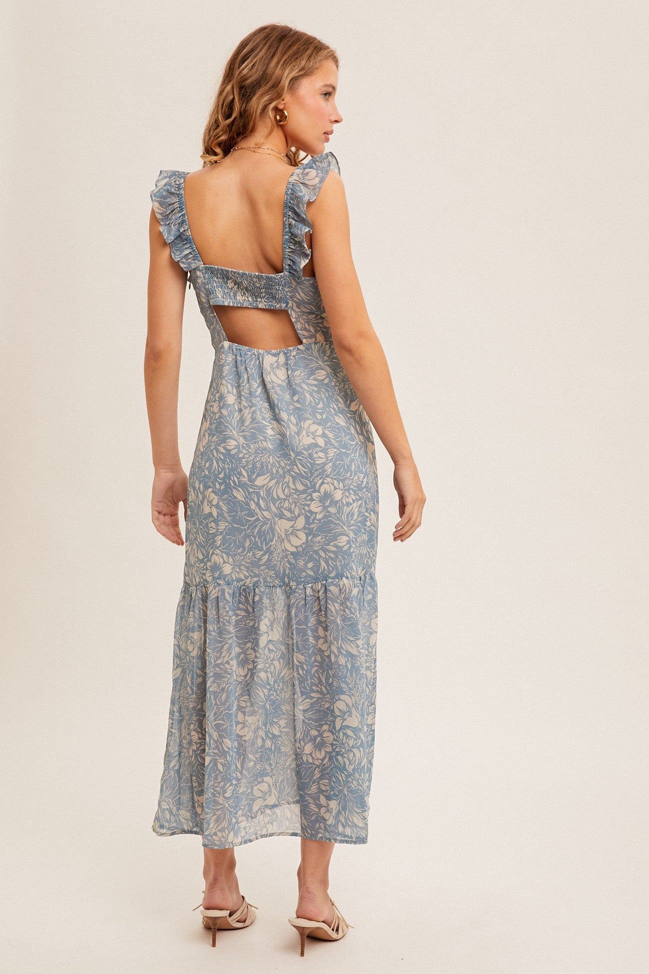 Dusty Blue Ruffle Strap Open Back Midi Dress With Front Slit sold by Pinkblush product image thumbnail 4