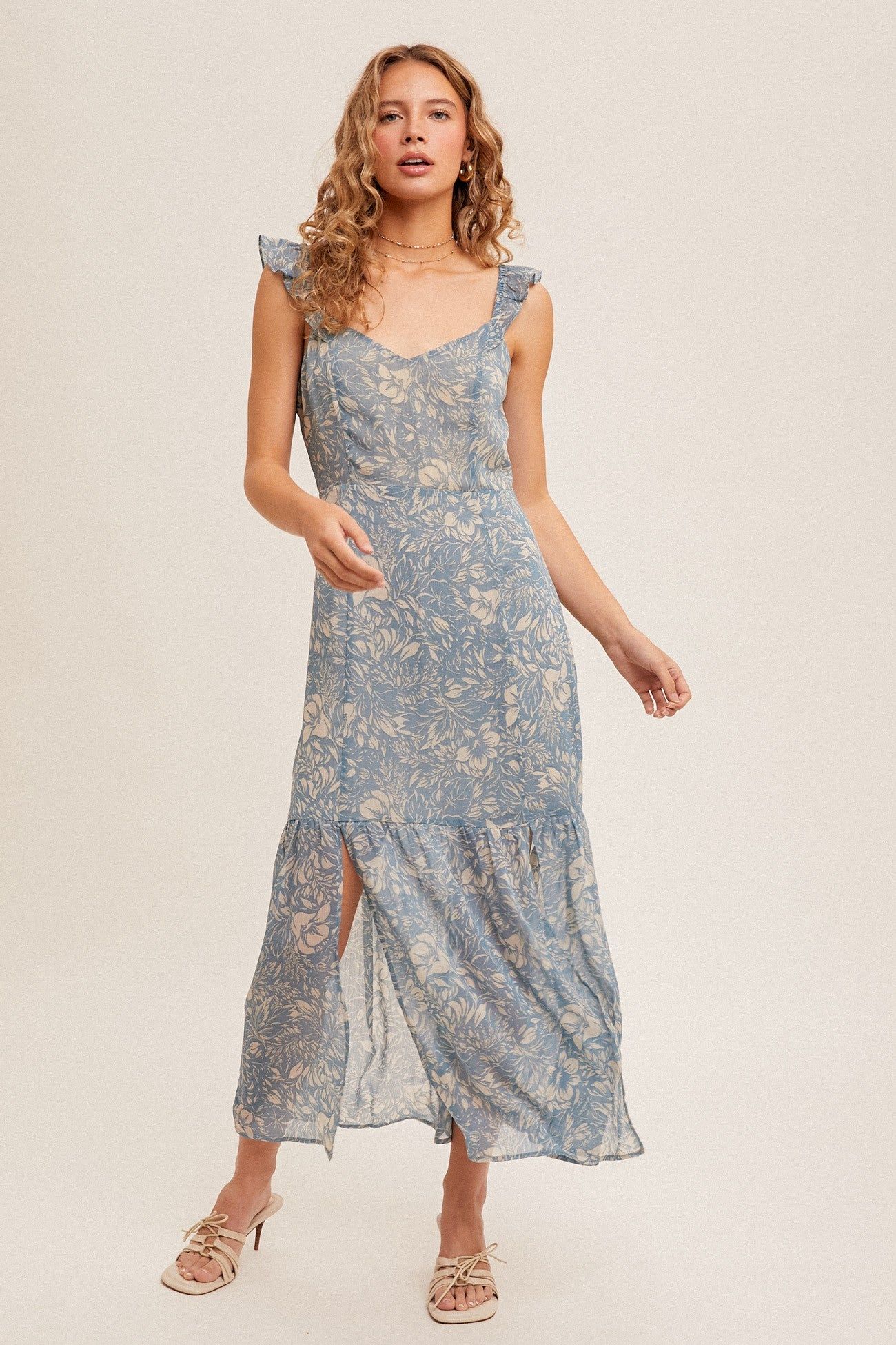 Dusty Blue Ruffle Strap Open Back Midi Dress With Front Slit sold by Pinkblush