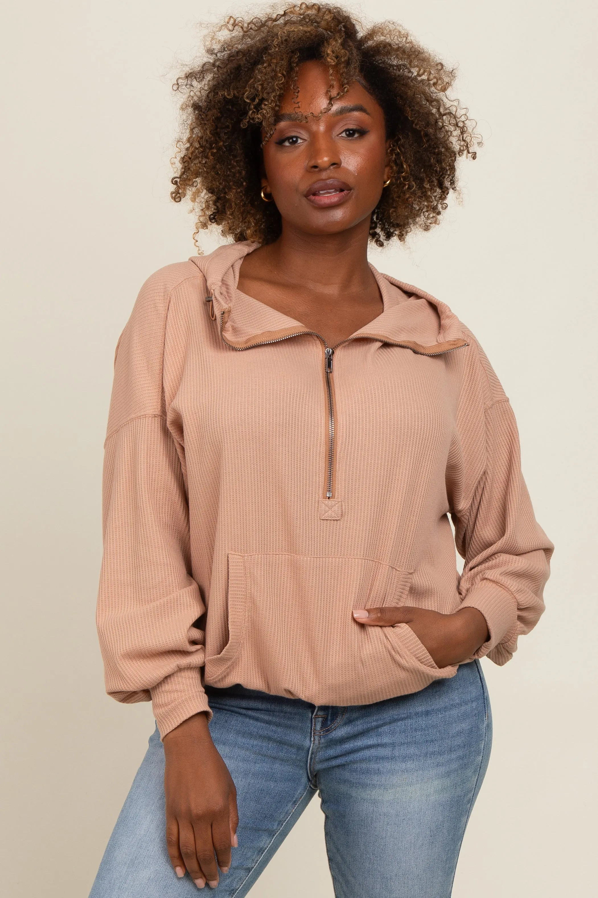 Mocha Waffle Knit Half Zip Relaxed Fit Hoodie sold by Pinkblush
