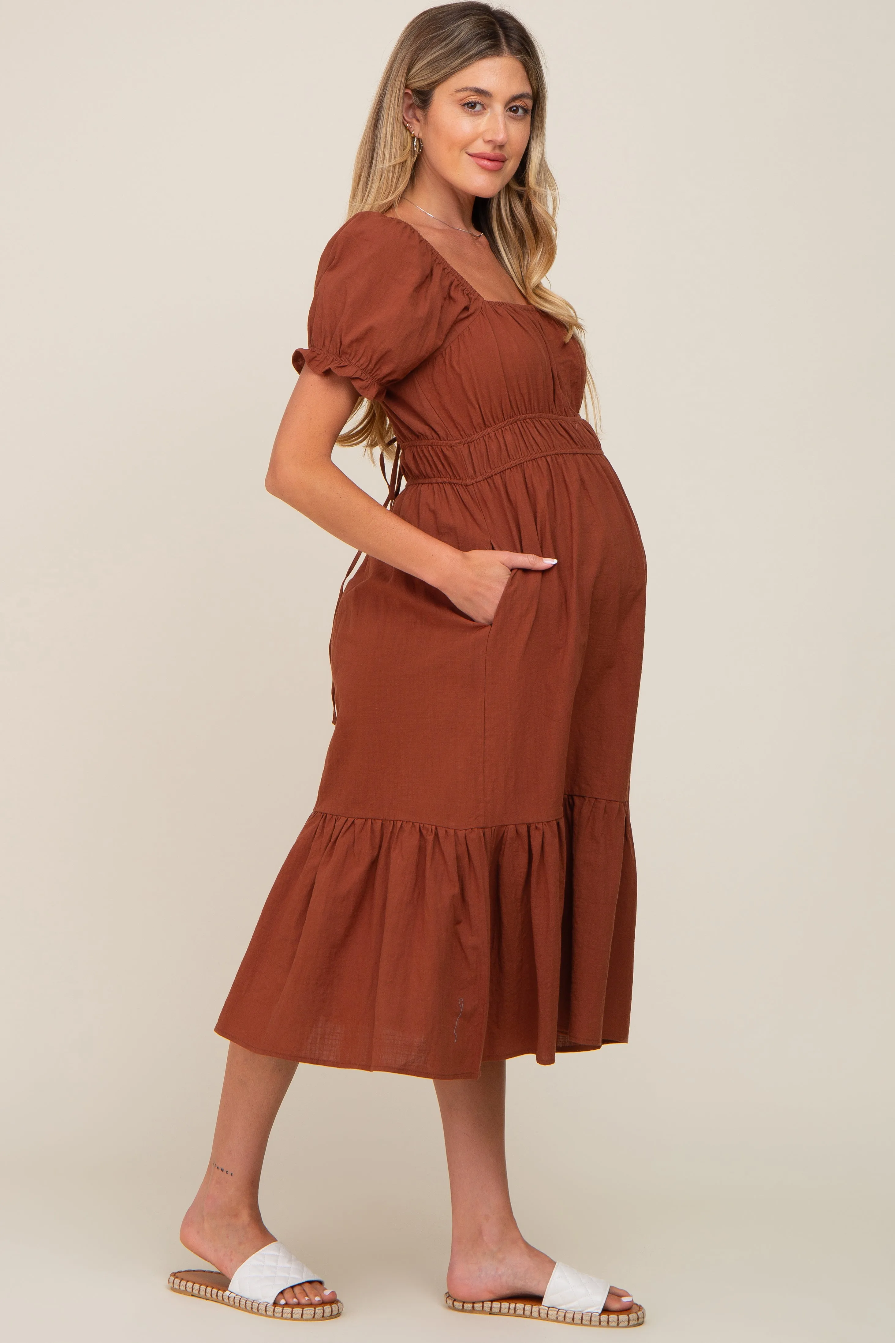 Camel Puff Sleeve Ruffle Hem Maternity Midi Dress sold by Pinkblush product image thumbnail 3