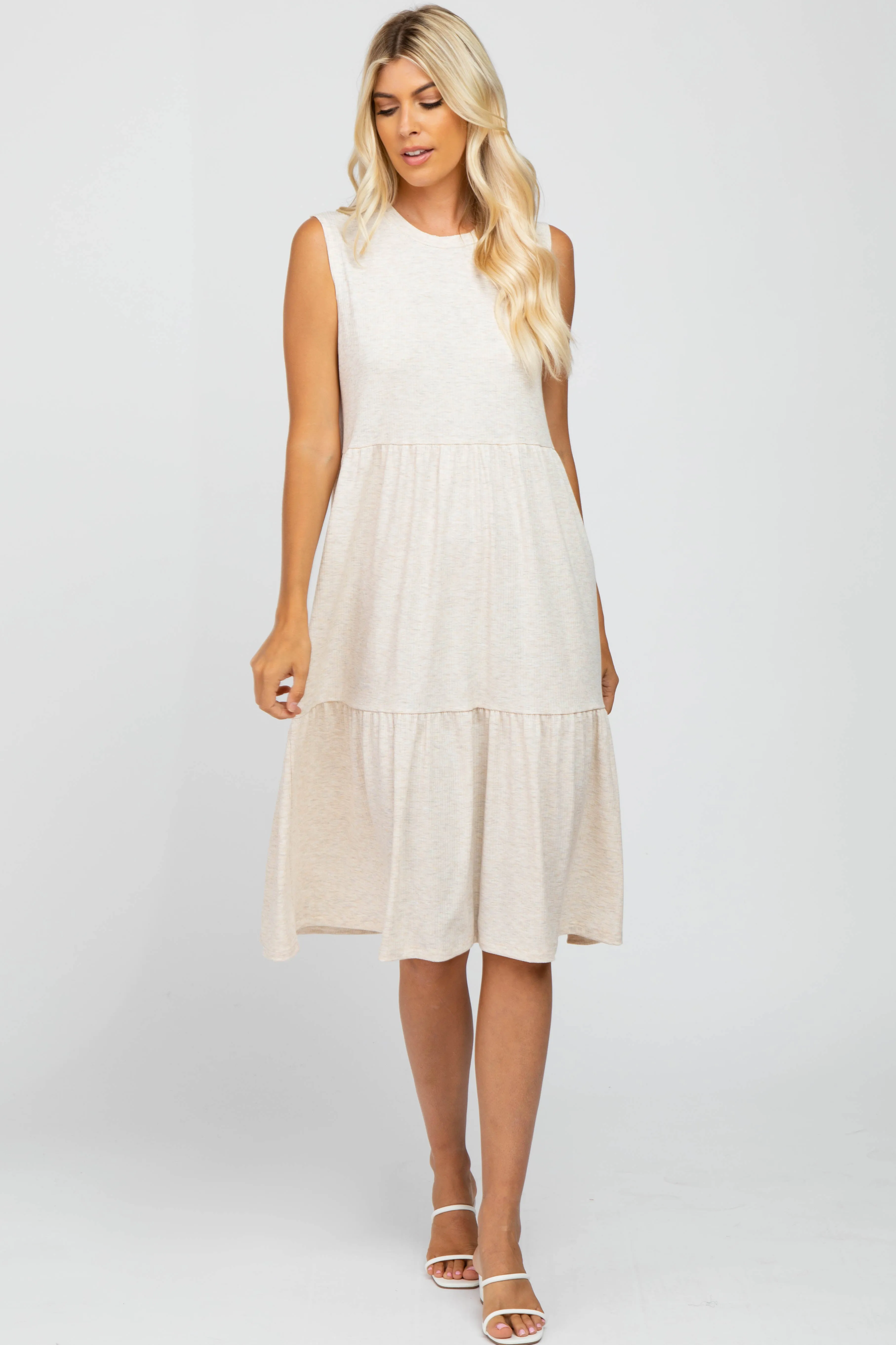 Beige Ribbed Sleeveless Maternity Midi Dress sold by Pinkblush product image thumbnail 5