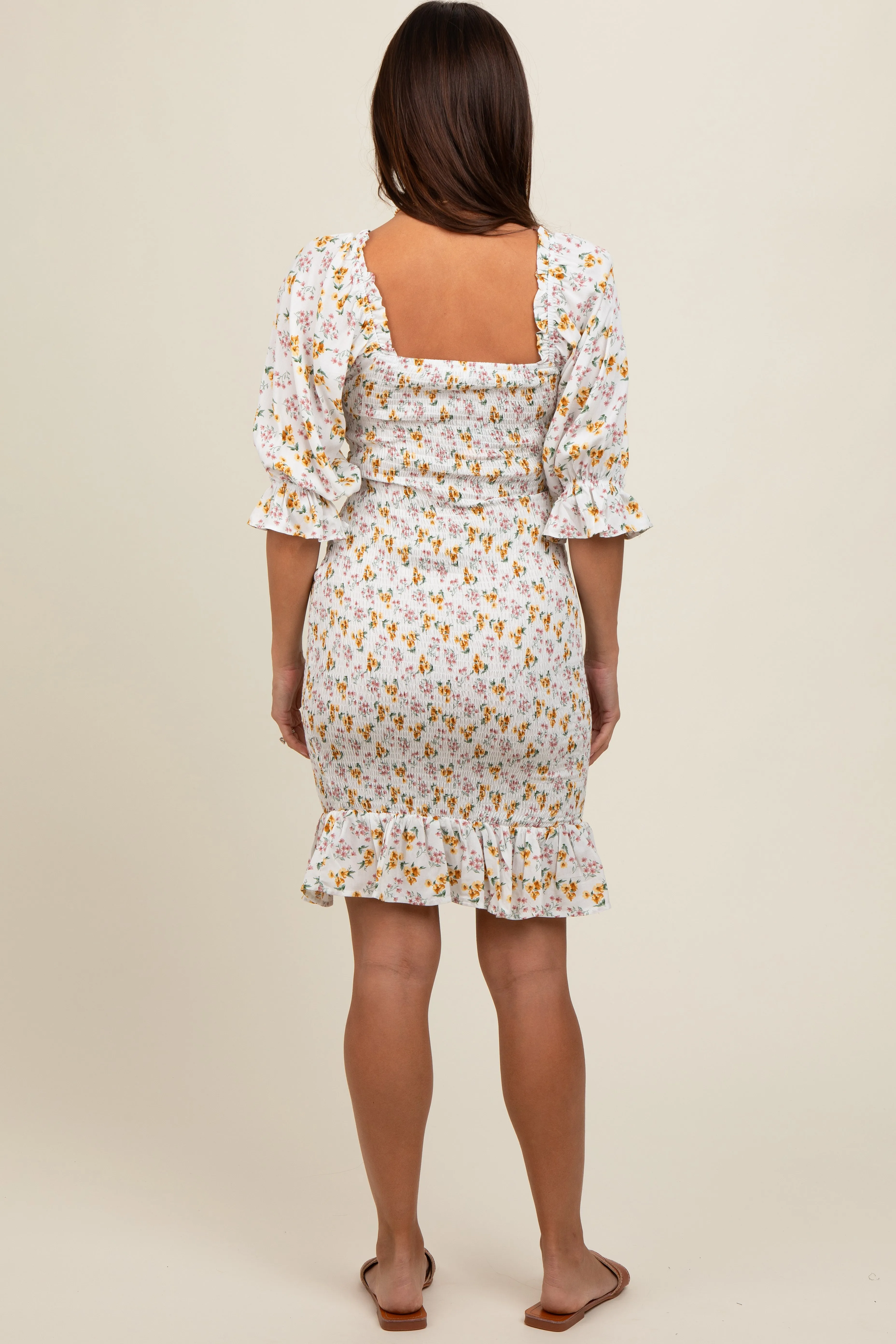 Cream Floral Square Neck Smocked Bodycon Maternity Dress sold by Pinkblush product image thumbnail 3