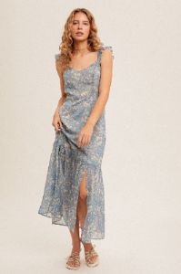 Dusty Blue Ruffle Strap Open Back Midi Dress With Front Slit sold by Pinkblush