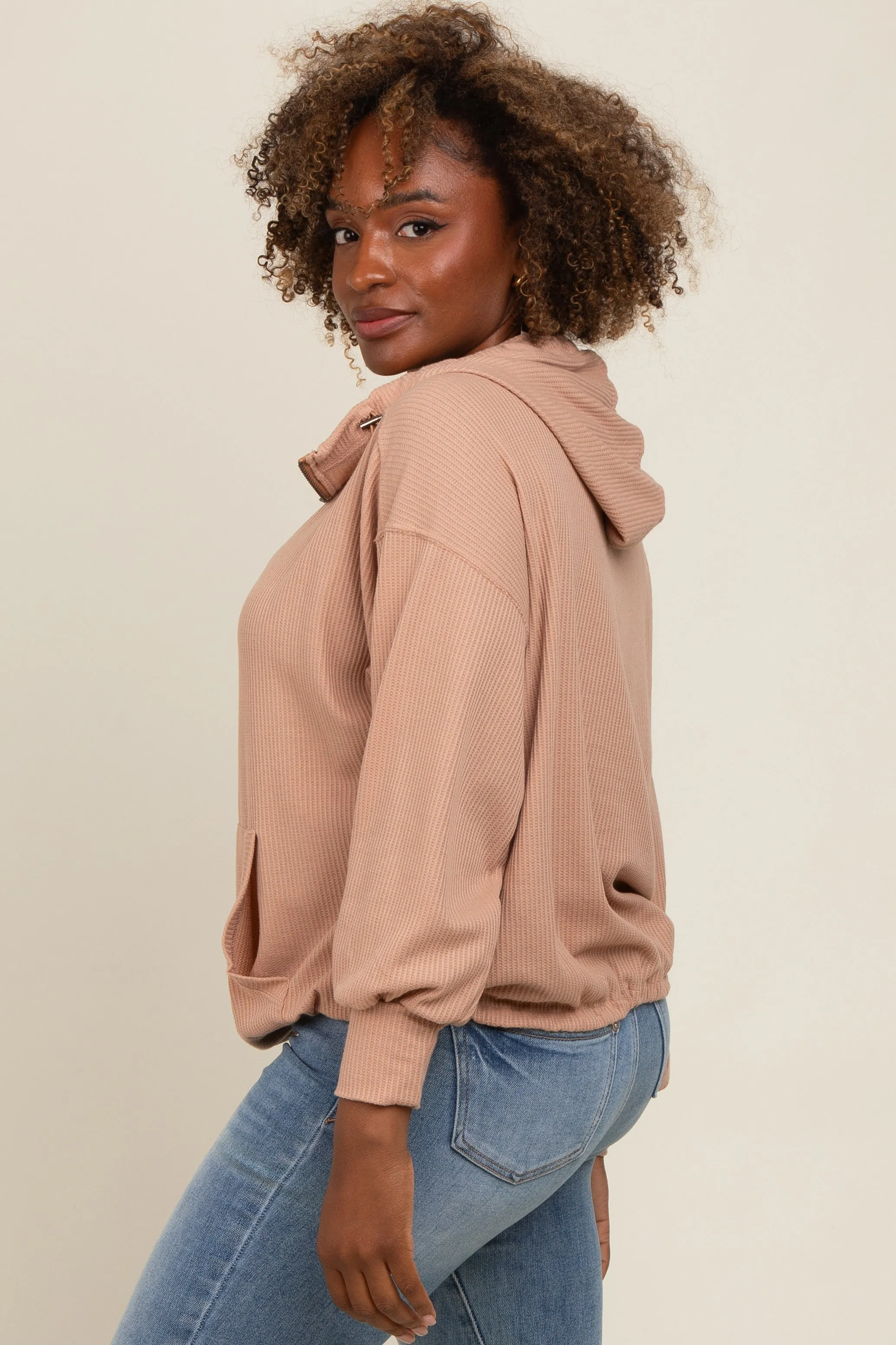 Mocha Waffle Knit Half Zip Relaxed Fit Hoodie sold by Pinkblush product image thumbnail 2