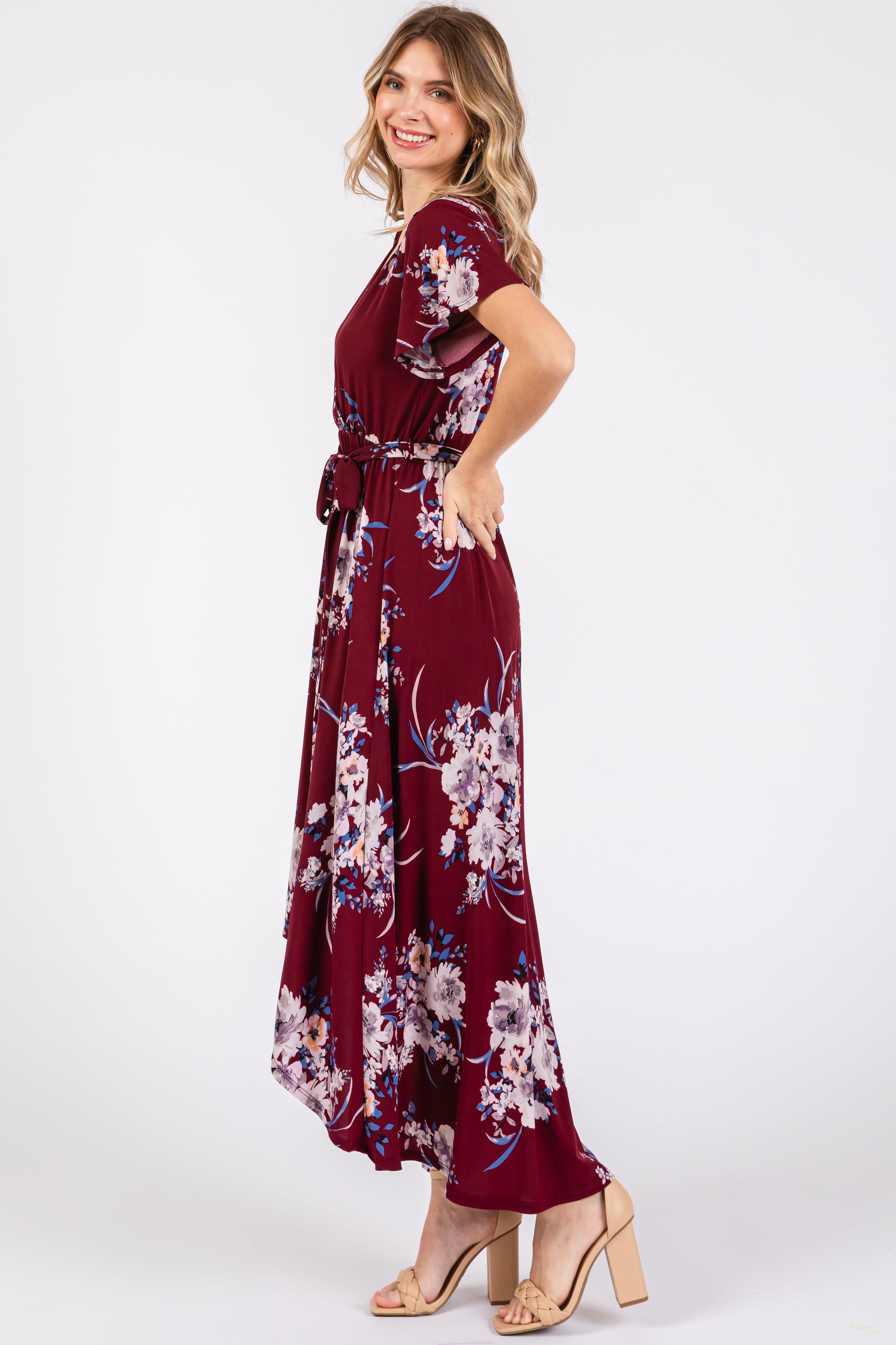 Burgundy Floral Print Wrap Front V-Neck Hi-Low Midi Dress sold by Pinkblush product image thumbnail 2