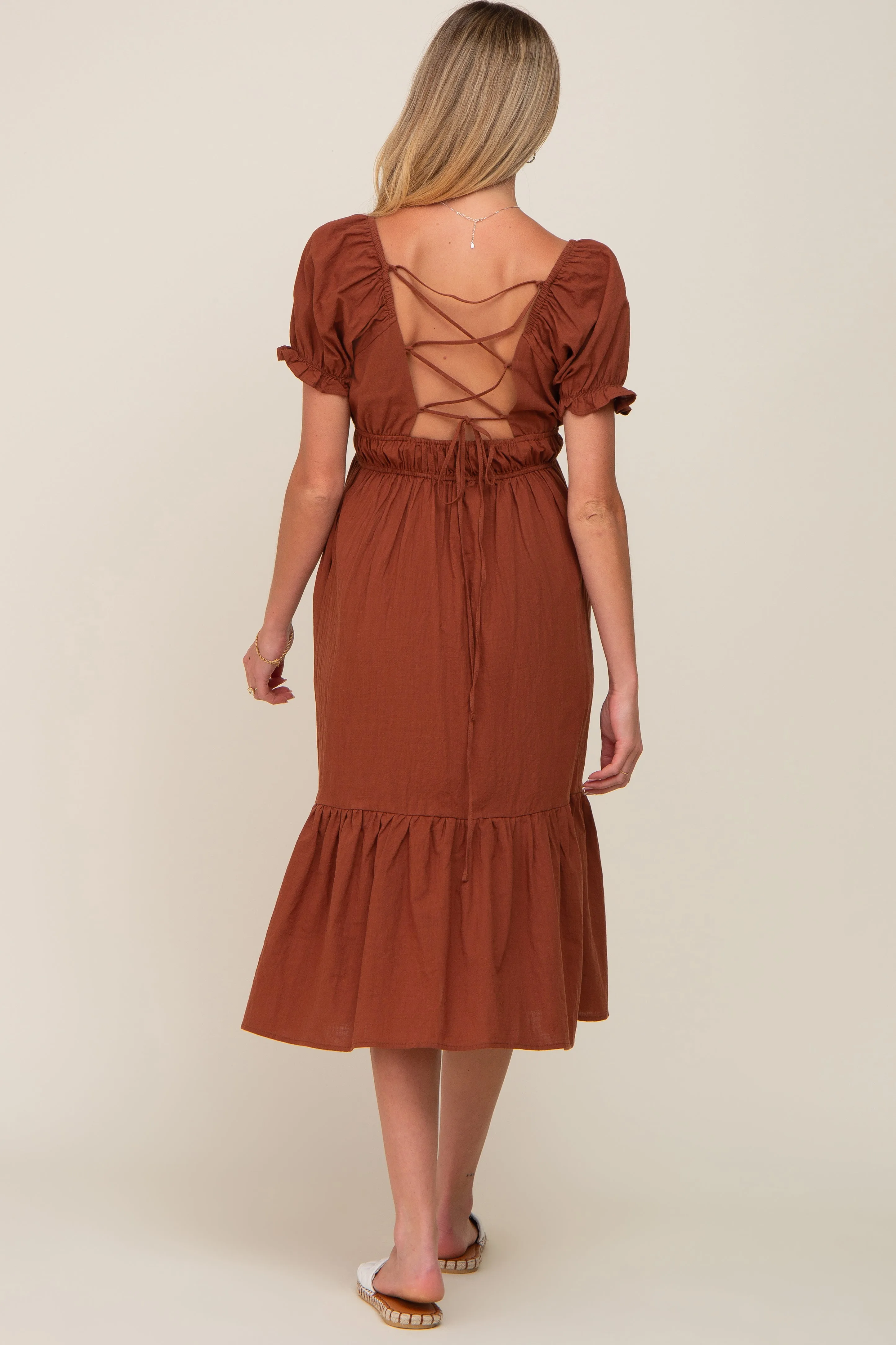 Camel Puff Sleeve Ruffle Hem Maternity Midi Dress sold by Pinkblush product image thumbnail 4