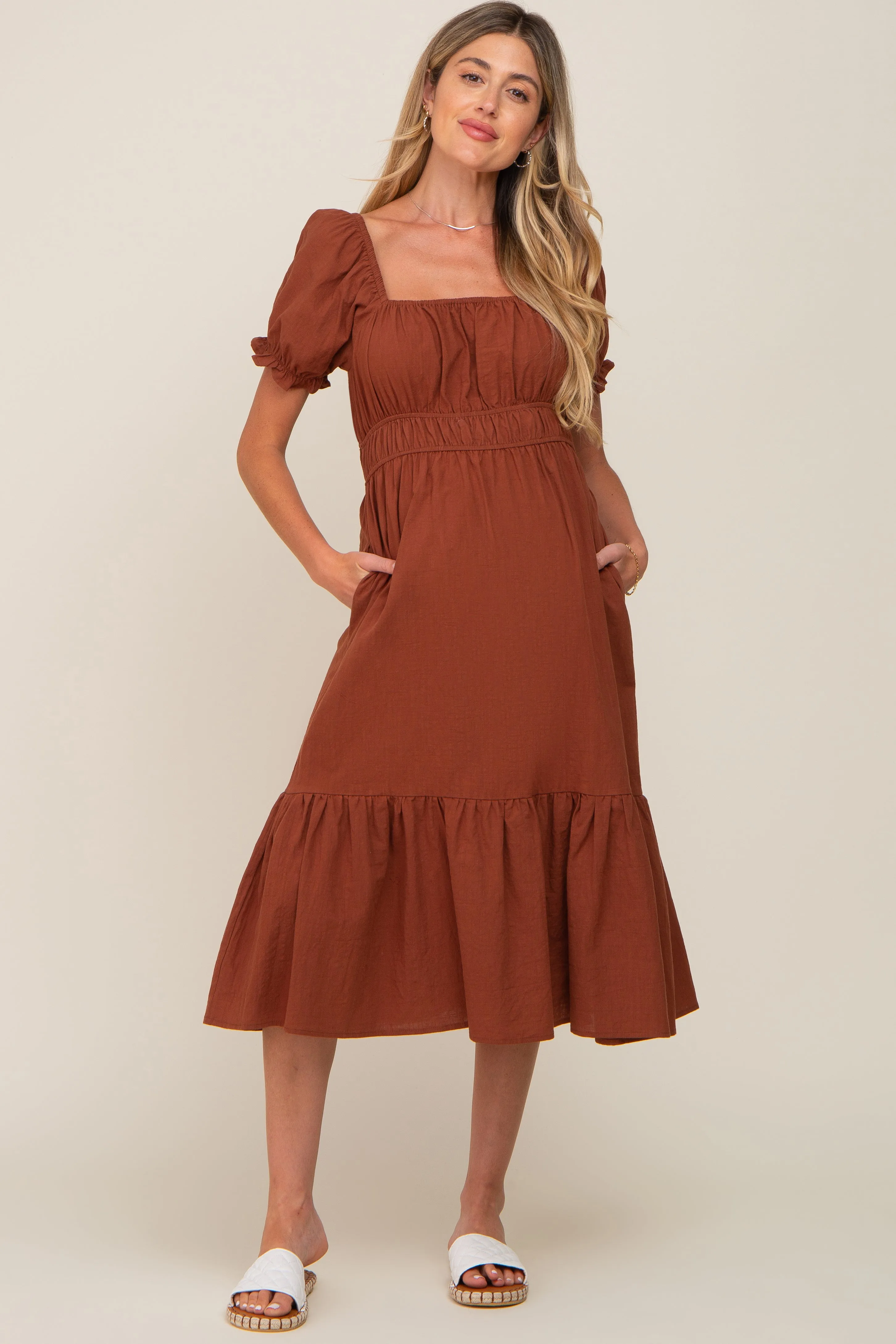 Camel Puff Sleeve Ruffle Hem Maternity Midi Dress sold by Pinkblush
