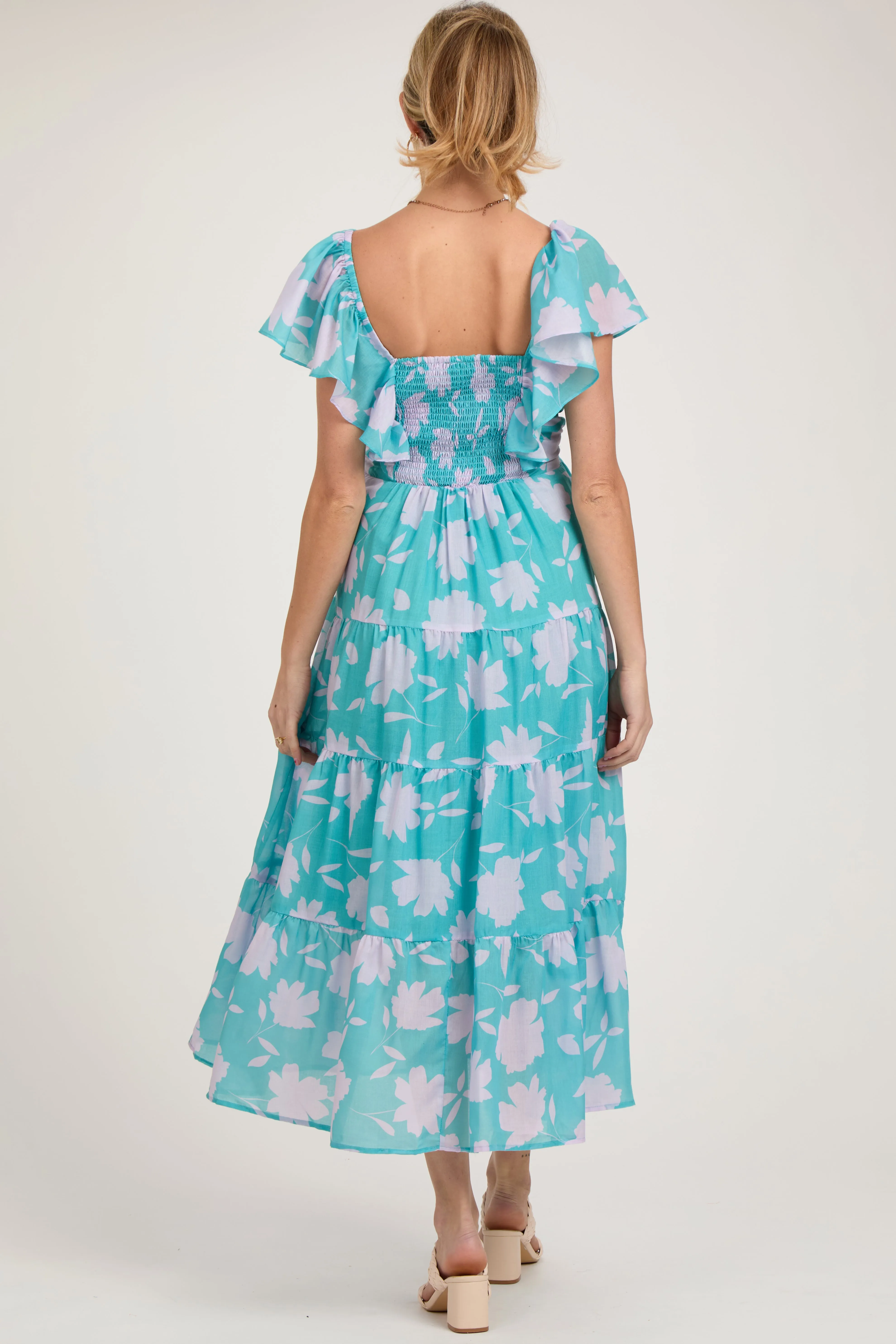 Blue Floral Flutter Sleeve Tiered Maternity Maxi Dress sold by Pinkblush product image thumbnail 4