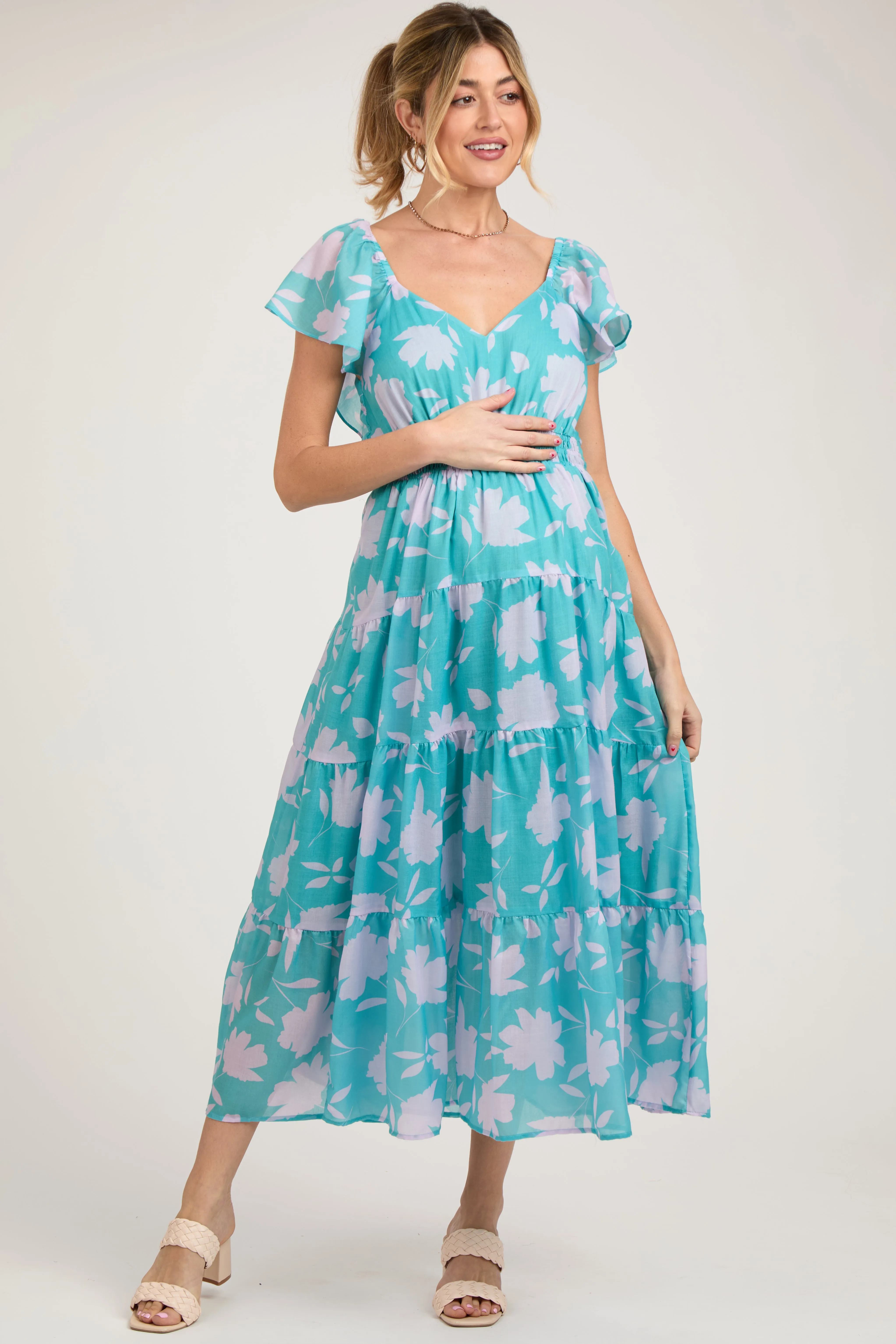 Blue Floral Flutter Sleeve Tiered Maternity Maxi Dress sold by Pinkblush