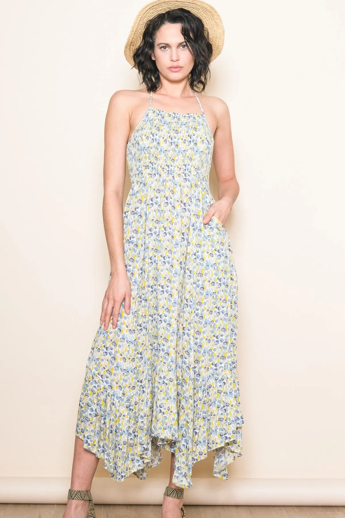 Teal Floral Smocked Halter Flowy Maternity Maxi Dress sold by Pinkblush product image thumbnail 5