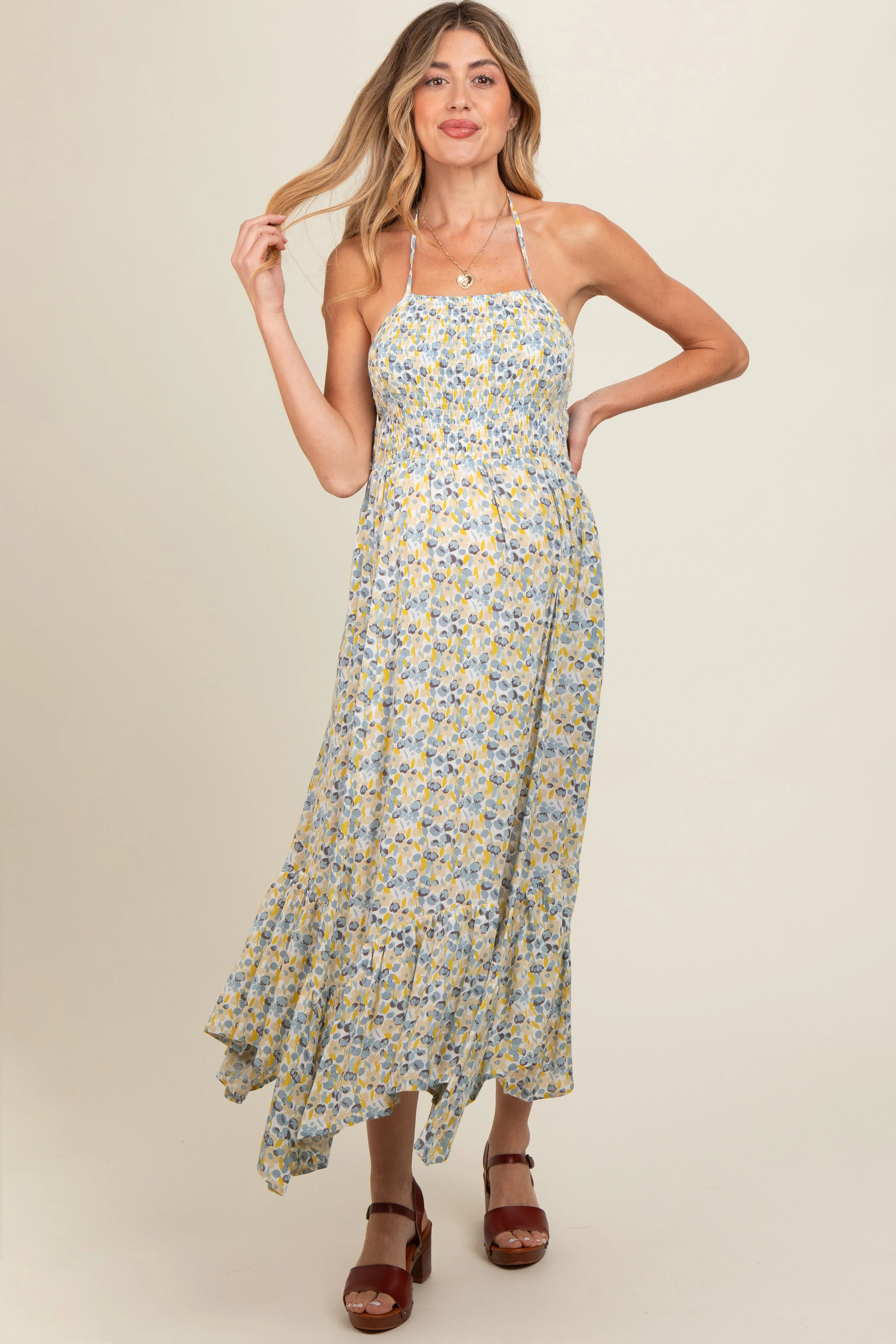 Teal Floral Smocked Halter Flowy Maternity Maxi Dress sold by Pinkblush product image thumbnail 2