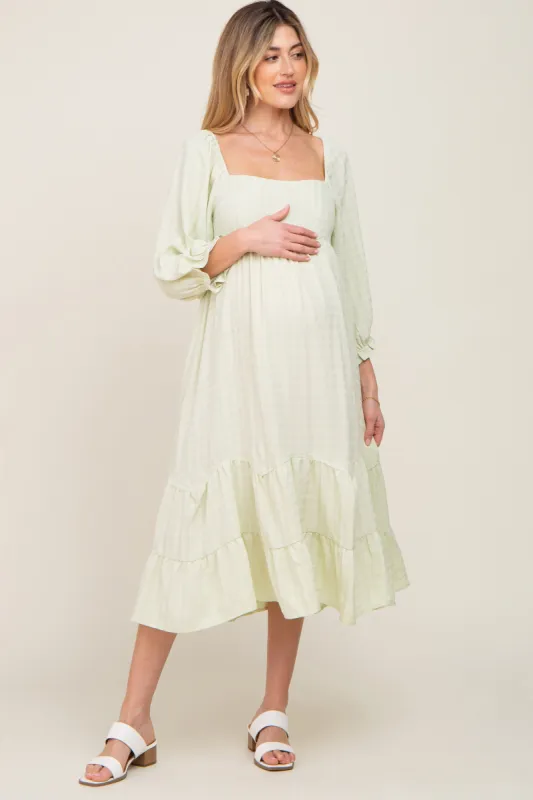 Light Green Striped 3/4 Cinched Sleeve Tiered Maternity Midi Dress sold by Pinkblush