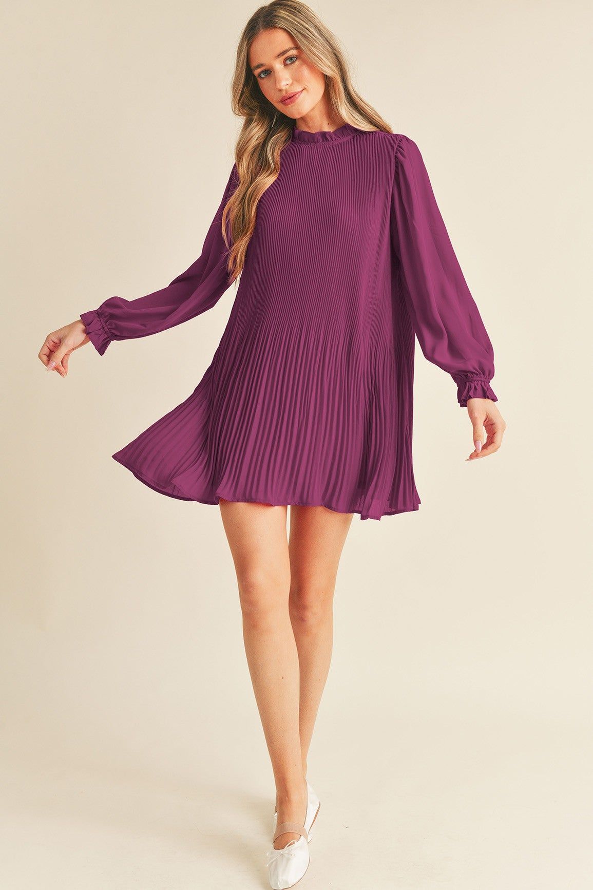 Orchid Dusty Purple Pleated High Neck Mini Dress sold by Pinkblush product image thumbnail 2