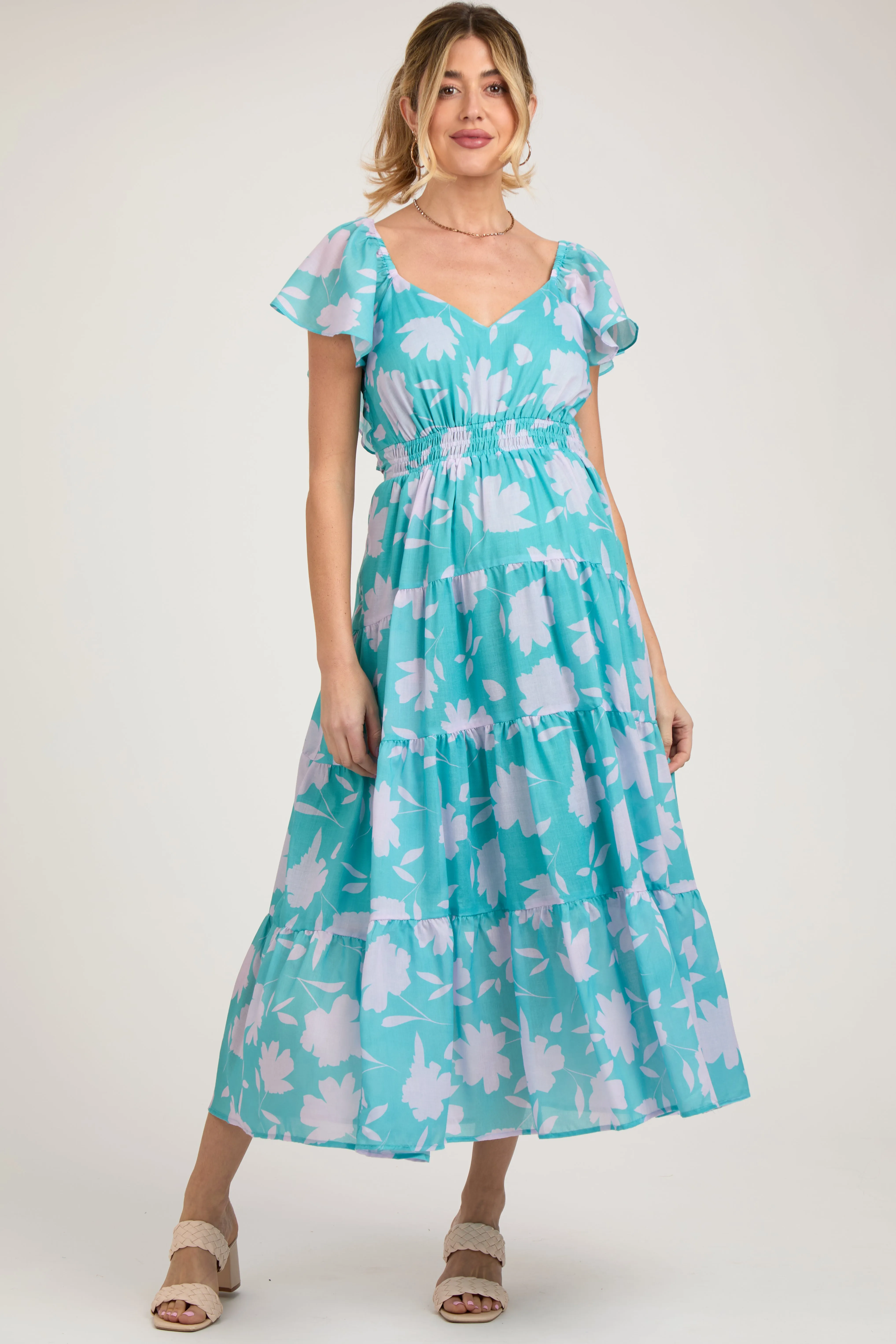 Blue Floral Flutter Sleeve Tiered Maternity Maxi Dress sold by Pinkblush product image thumbnail 2