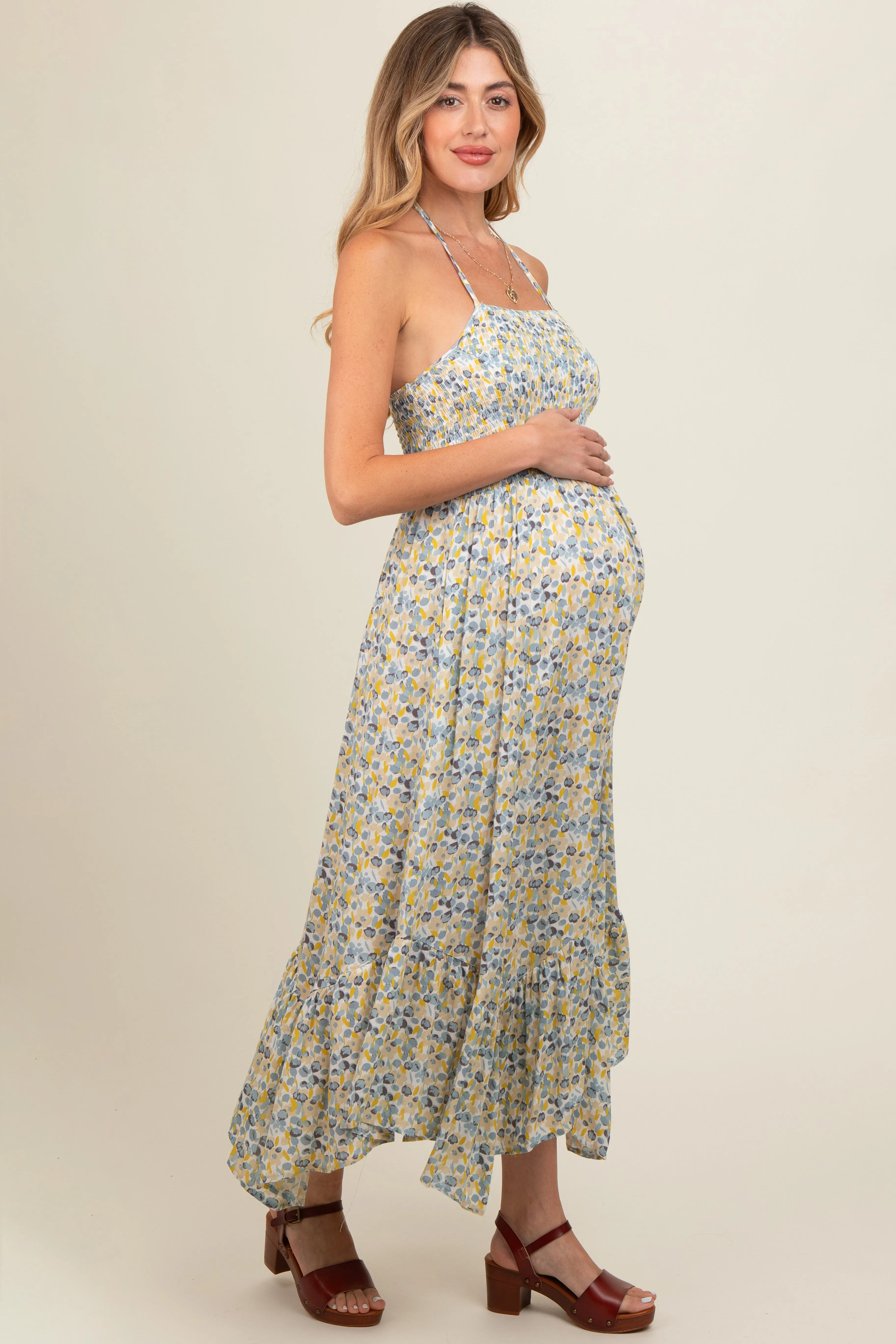 Teal Floral Smocked Halter Flowy Maternity Maxi Dress sold by Pinkblush product image thumbnail 3
