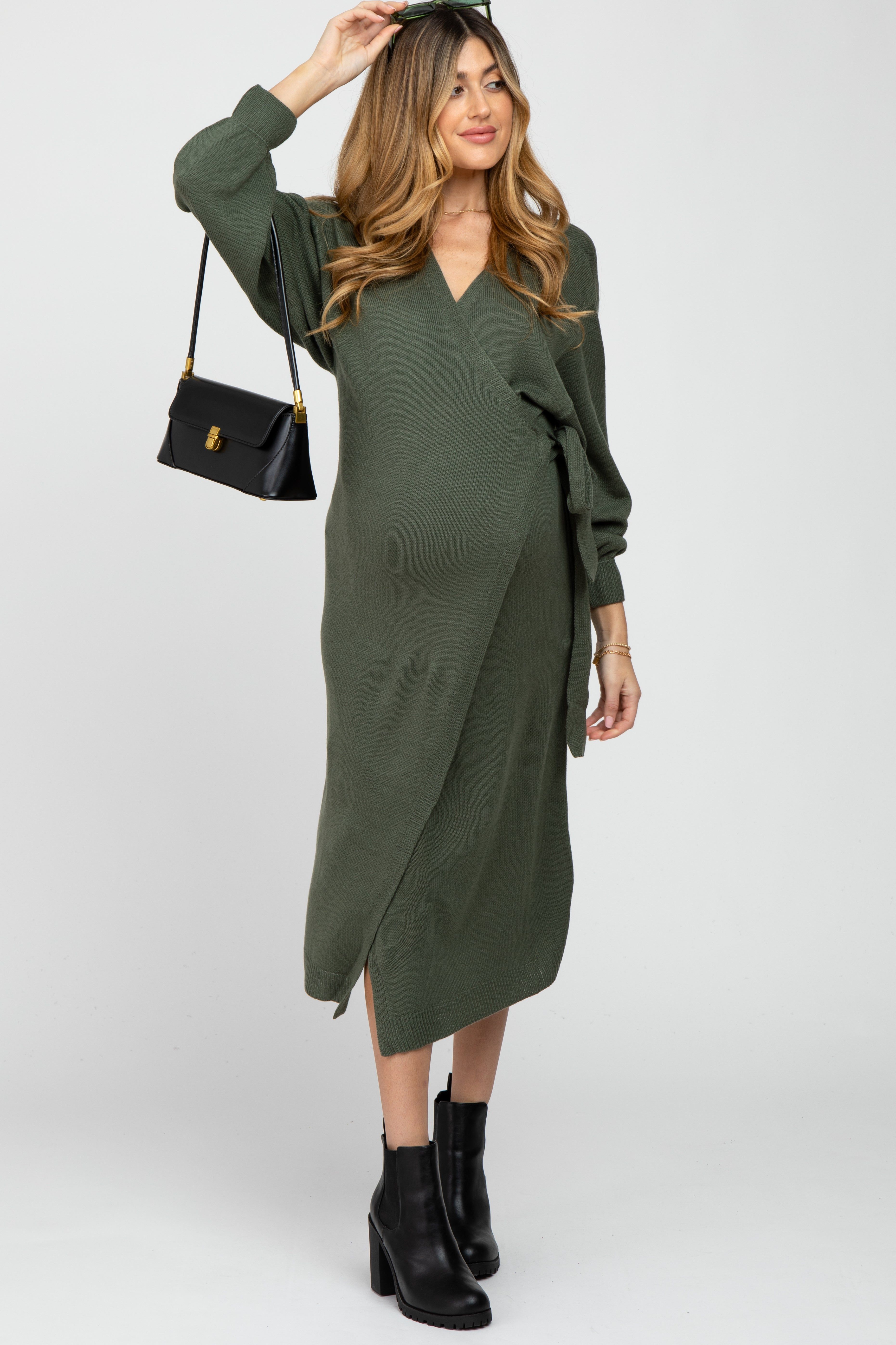 Olive Wrap Sweater Knit Maternity Midi Dress sold by Pinkblush product image thumbnail 2