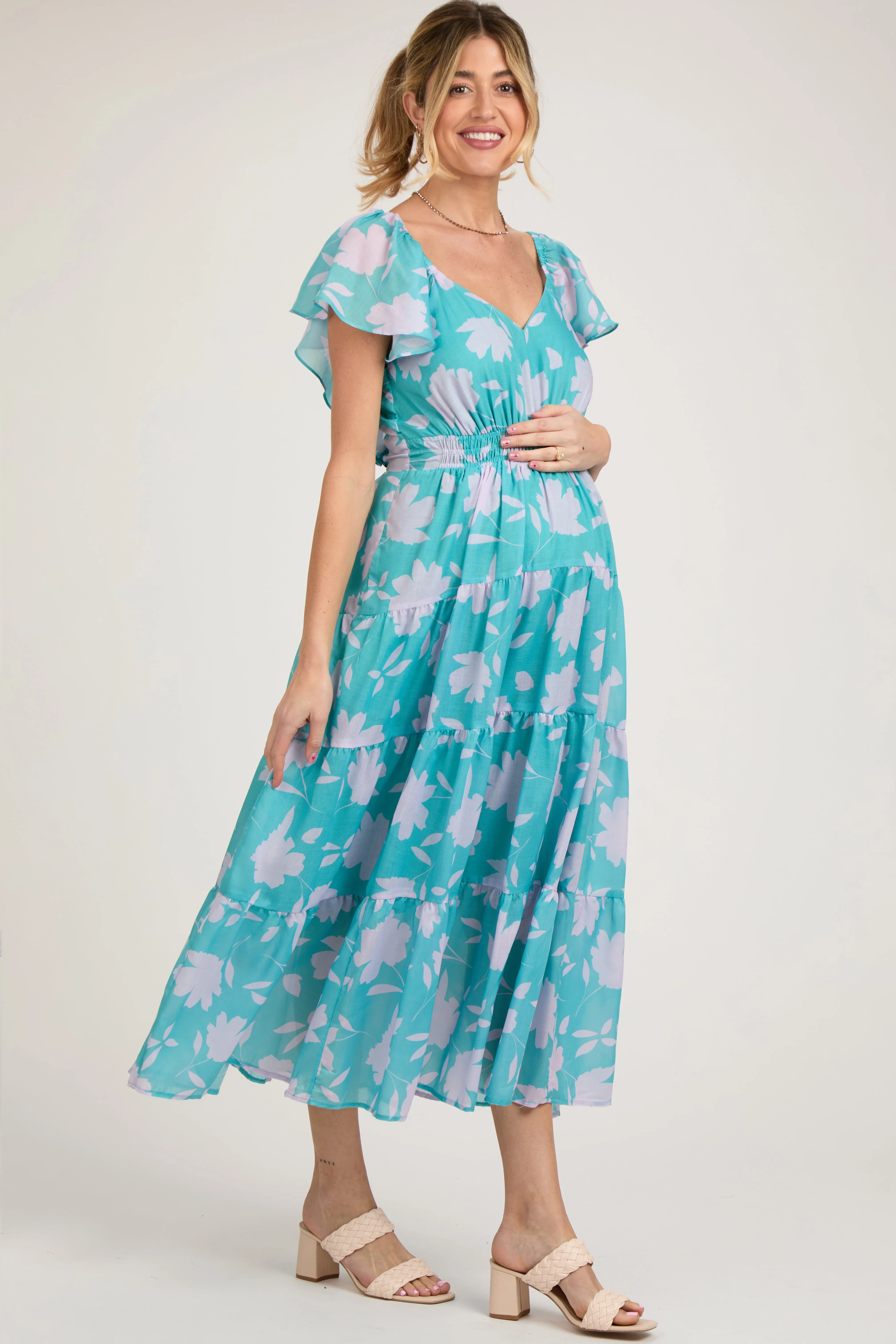 Blue Floral Flutter Sleeve Tiered Maternity Maxi Dress sold by Pinkblush product image thumbnail 3