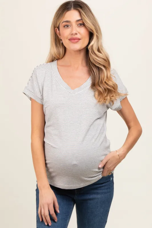 Black Striped V-Neck Maternity Short Sleeve Top sold by Pinkblush