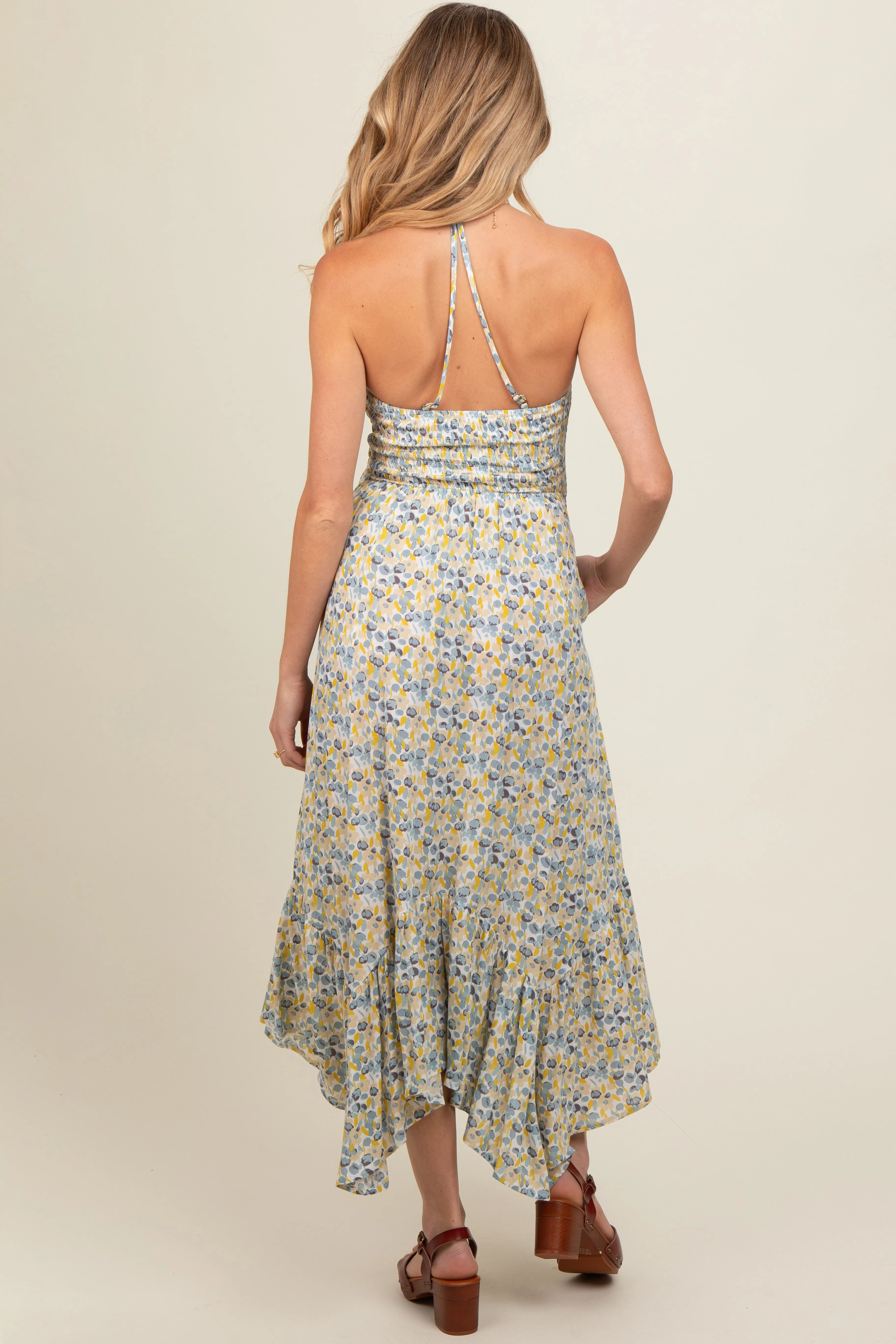 Teal Floral Smocked Halter Flowy Maternity Maxi Dress sold by Pinkblush product image thumbnail 4