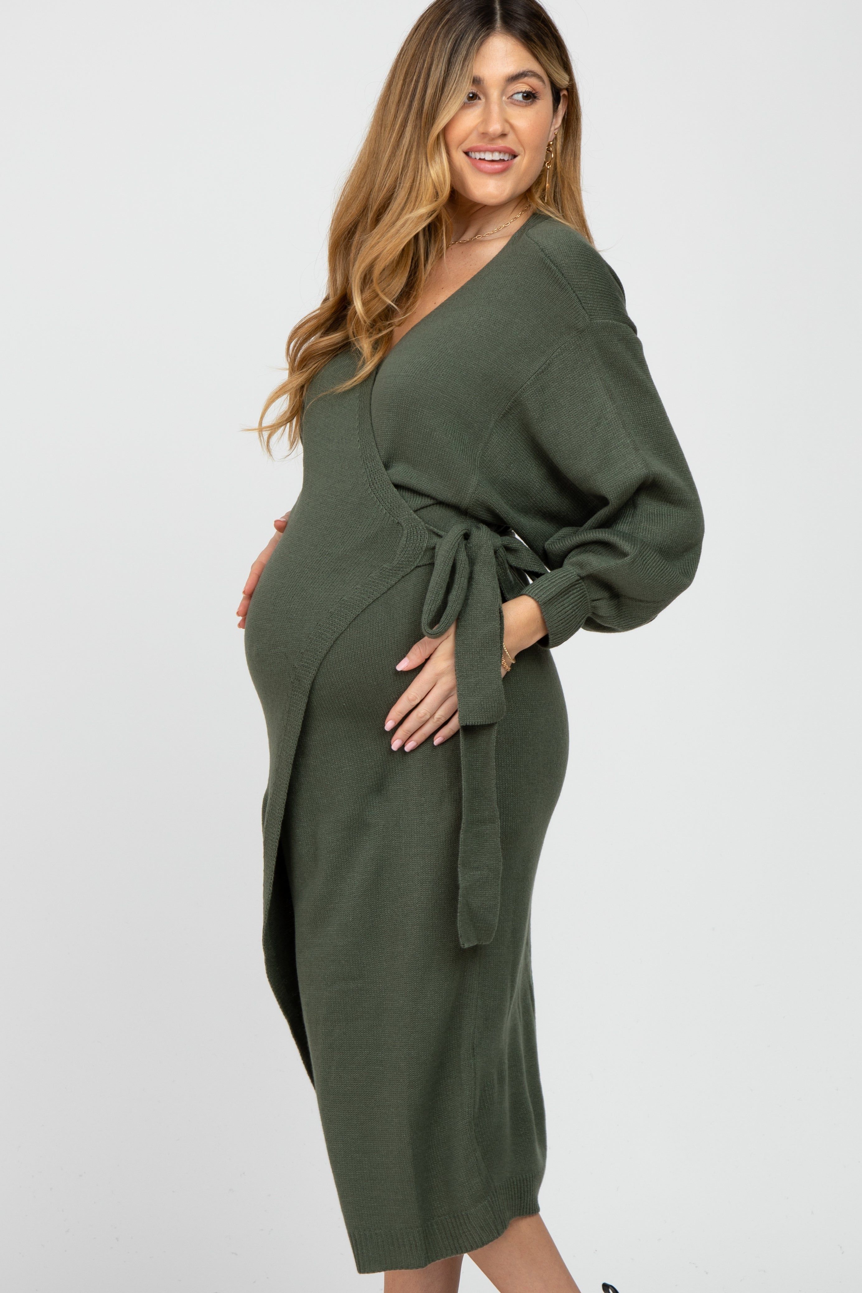 Olive Wrap Sweater Knit Maternity Midi Dress sold by Pinkblush product image thumbnail 3