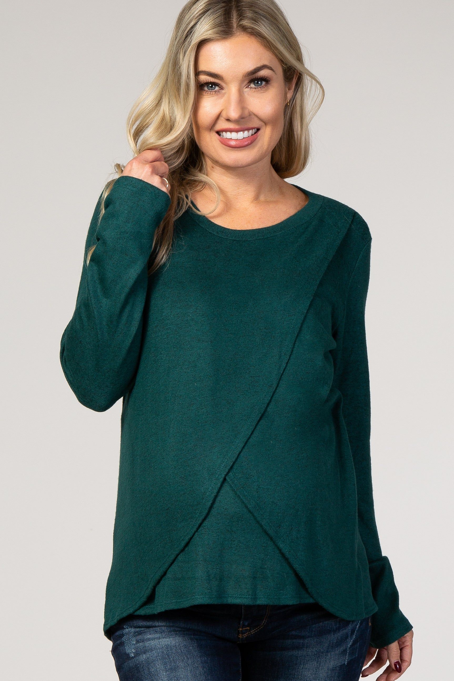 PinkBlush Forest Green Long Sleeve Wrap Maternity Nursing Top sold by Pinkblush